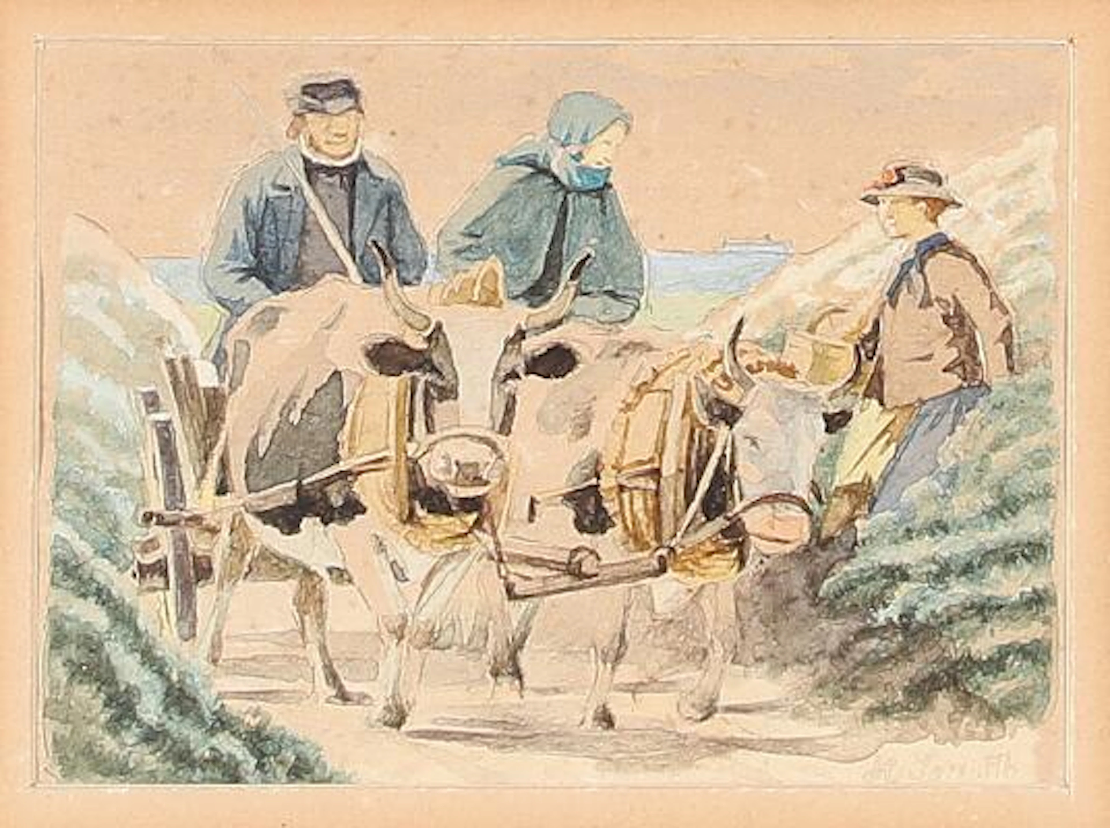 Hans Smidth: Landscape with an oxcart and figures near the coast.