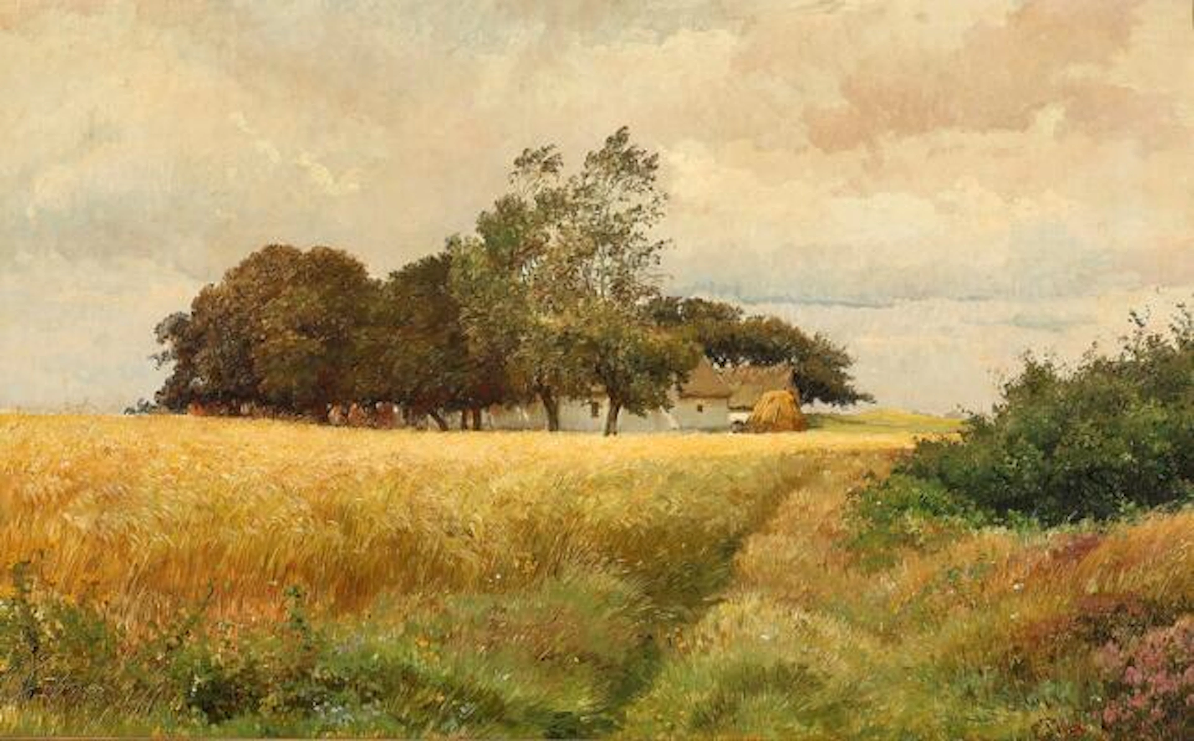 Edvard Petersen: A harvest motif with a farmhouse. Signed E. P. 1908.