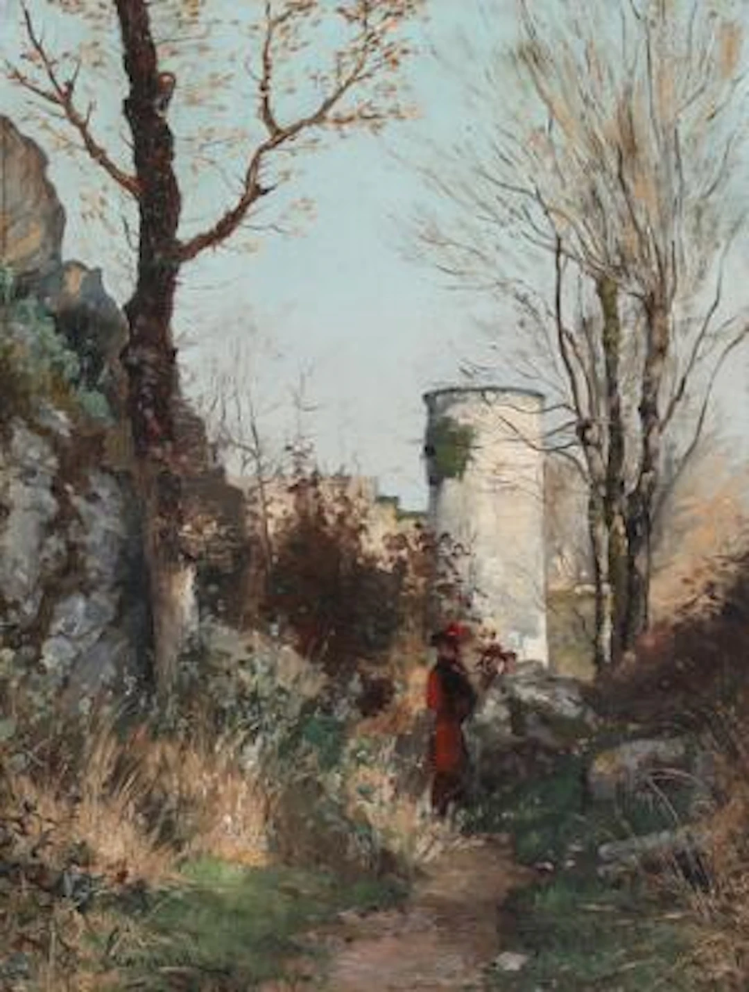 Jacques Théodore Legrand: "Late Autumn Walk at Falaise [...]". Signed.