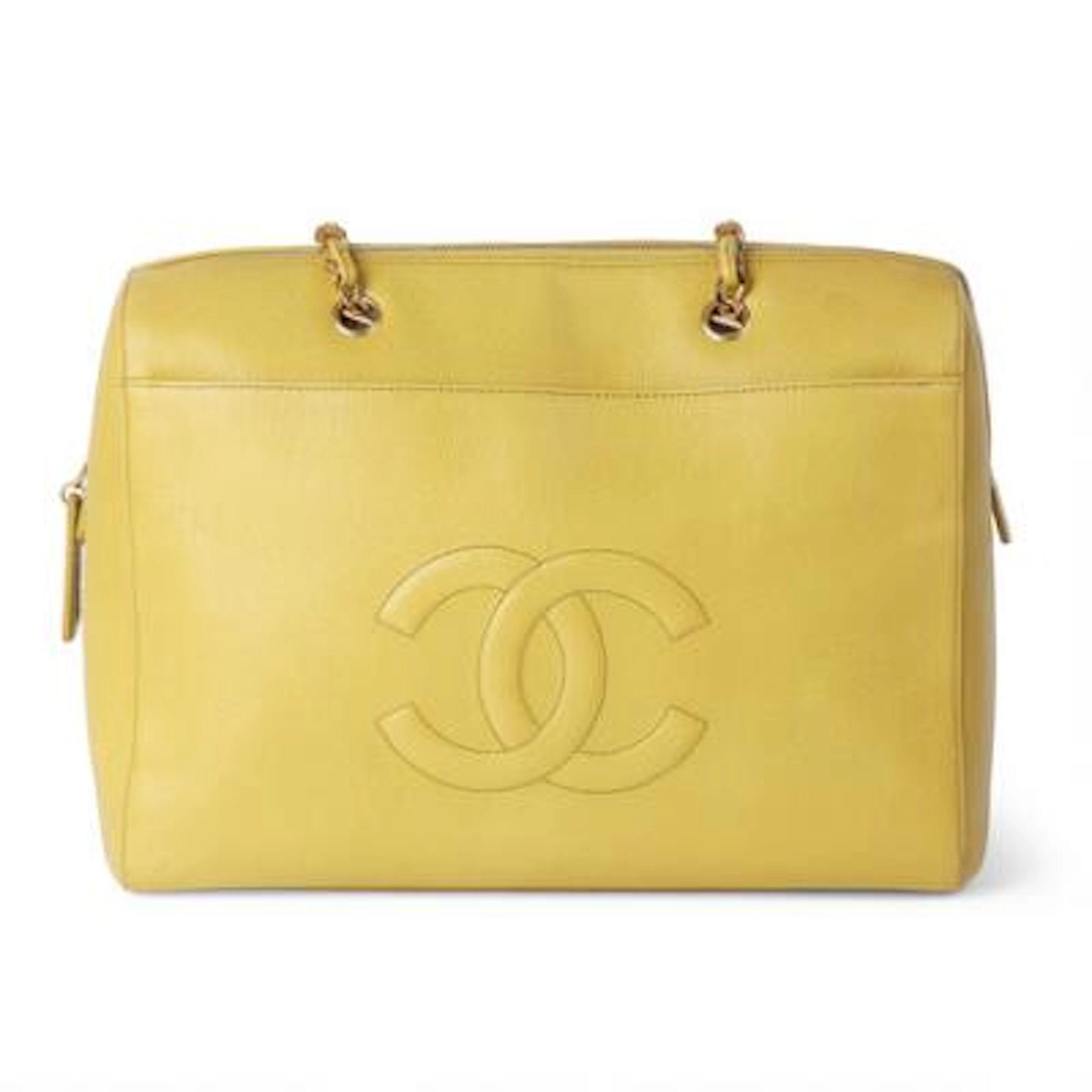 Chanel: A vintage tote bag of yellow/greenish caviar leather with