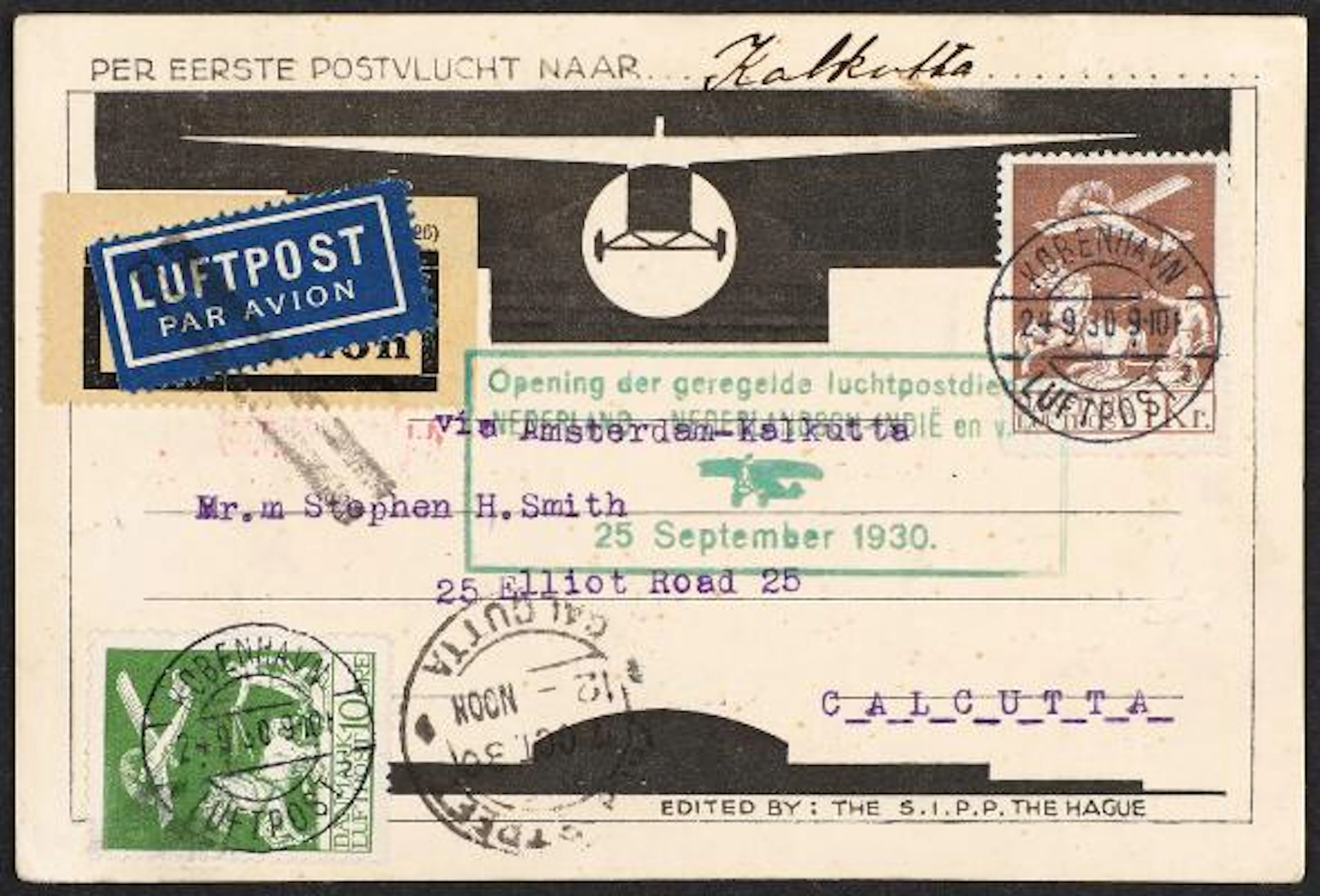 1925-1929. Airmail, 10 øre and 1 kr. on card sent from Amsterdam to