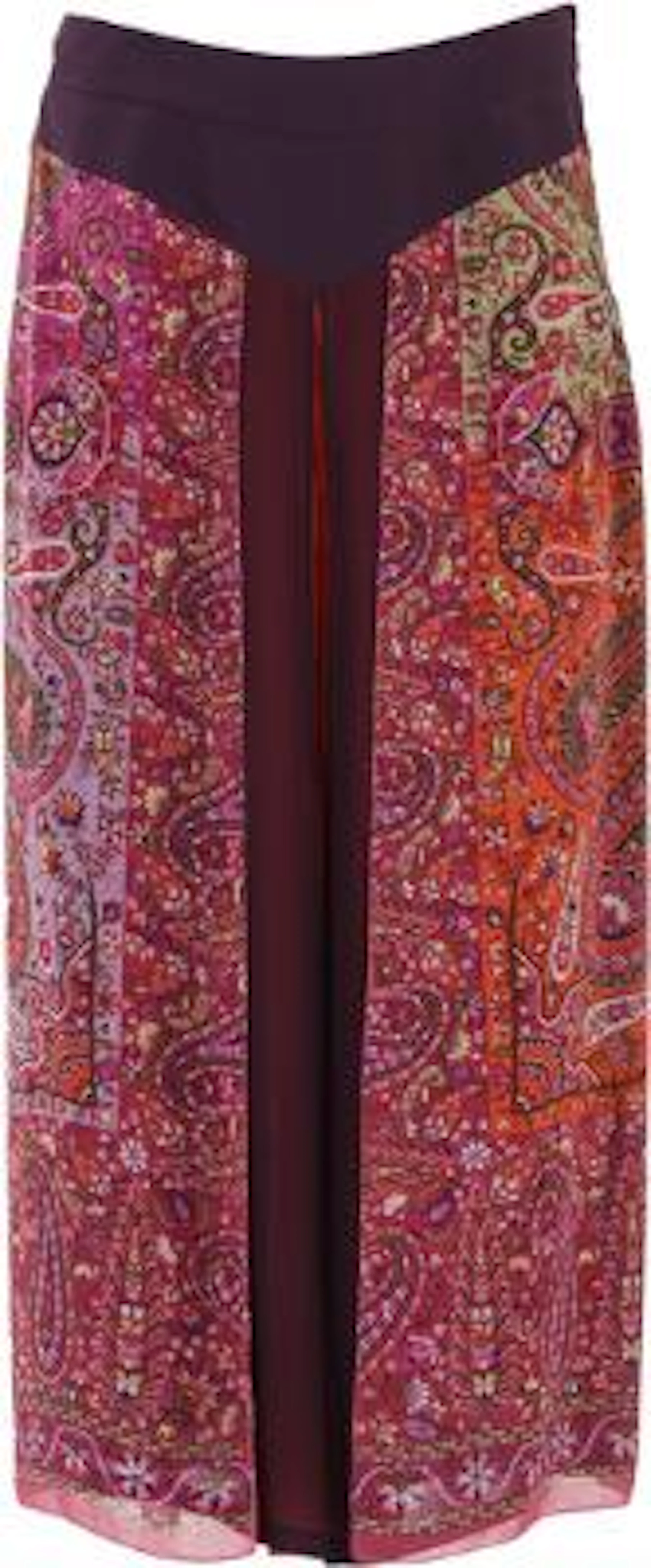 Etro: A skirt of silk with purple, red and orange motif with pleatings