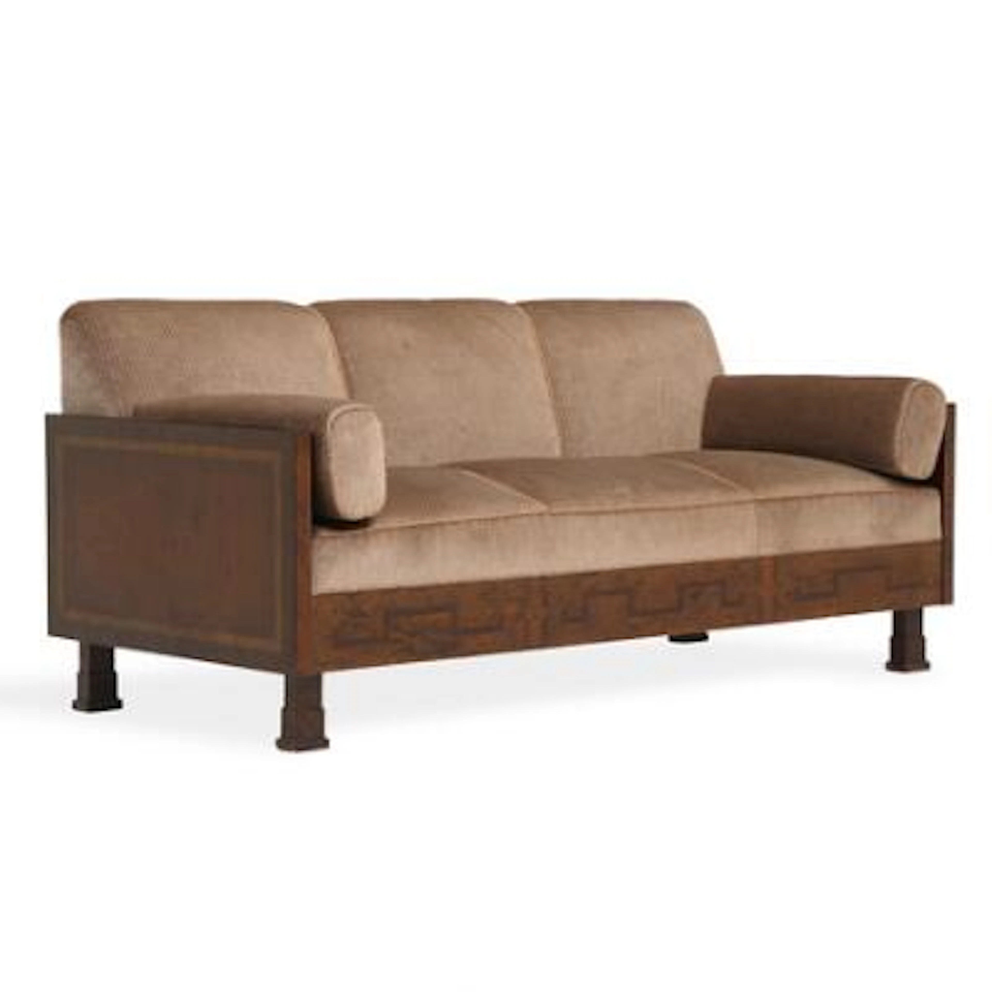 Three seater Art Deco sofa. Patinated birch frame with intarsia. Upholstered