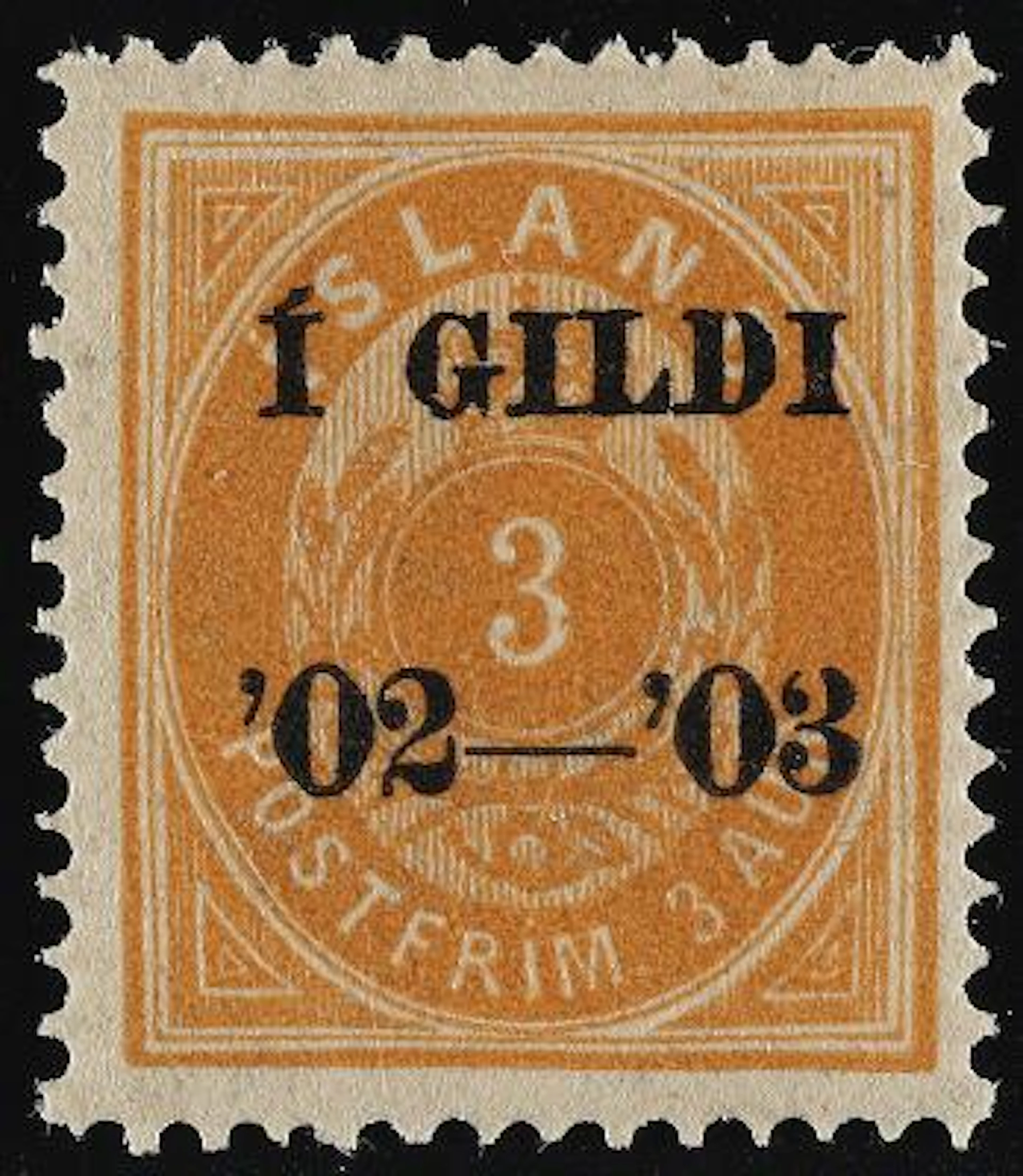 Iceland. 1902. I GILDI. 3 Aur, yellow. Perf. 14. Black overprint I