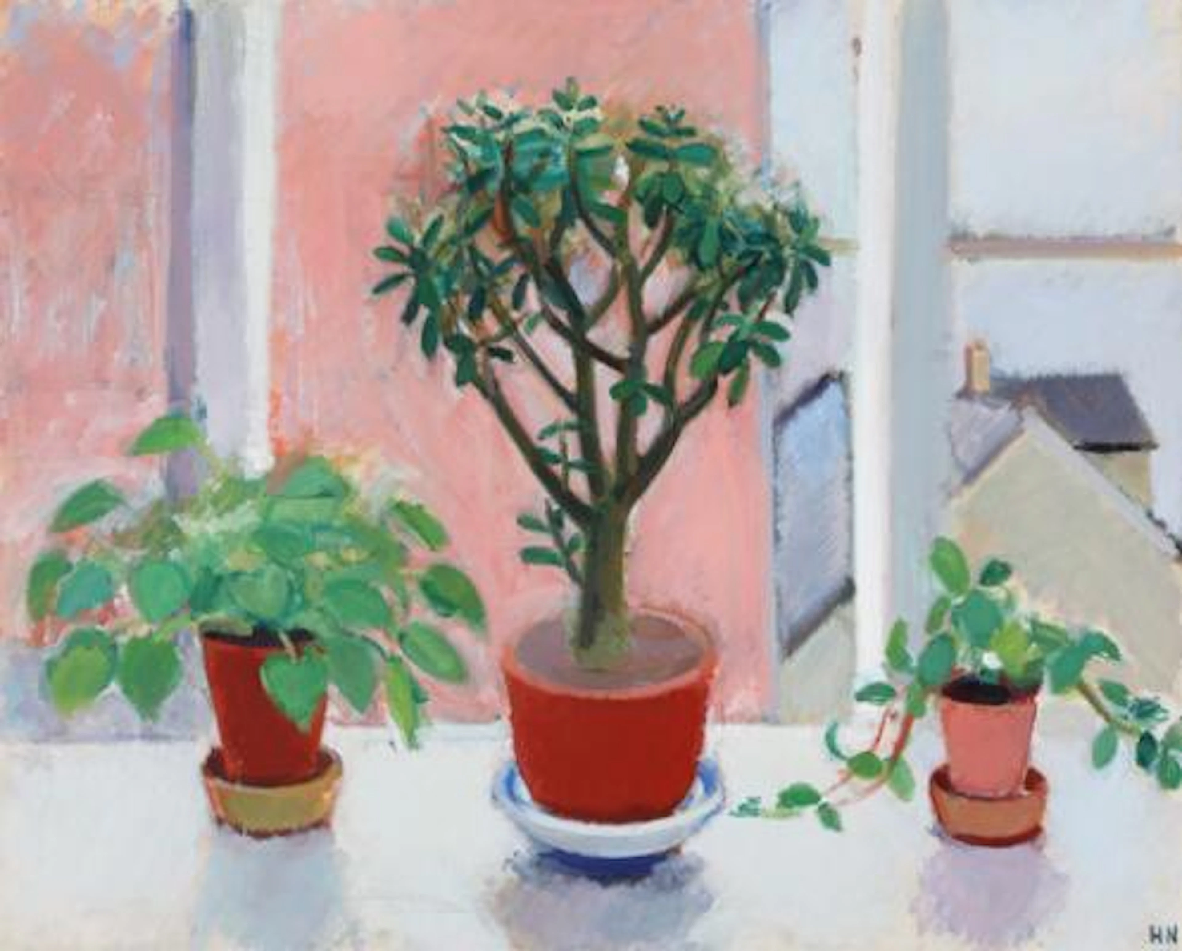 Søren Hjorth-Nielsen: Still life with plants on a windowsill. Signed