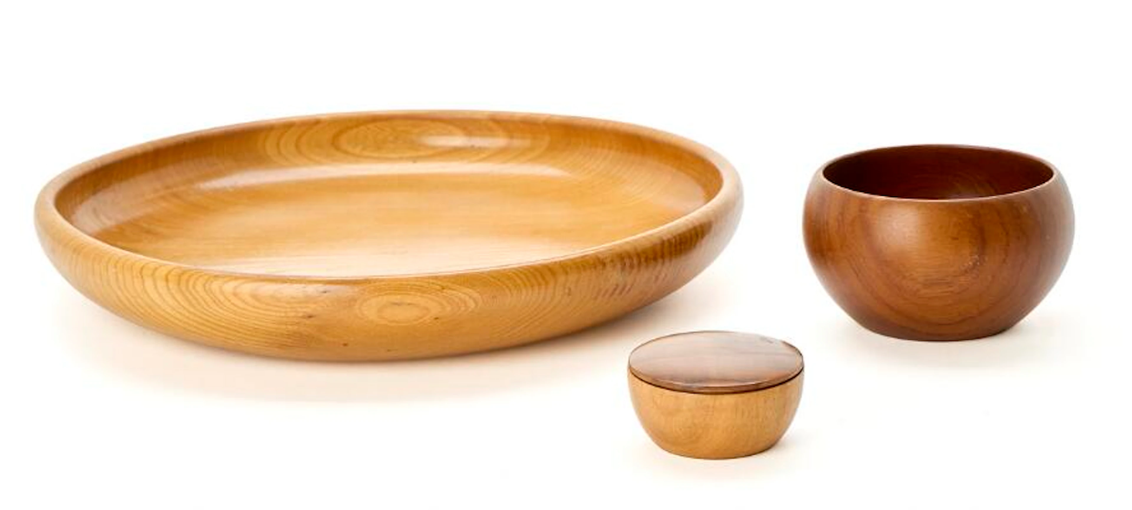 Kay Bojesen: A solid elm wood dish, a solid teak bowl and a small