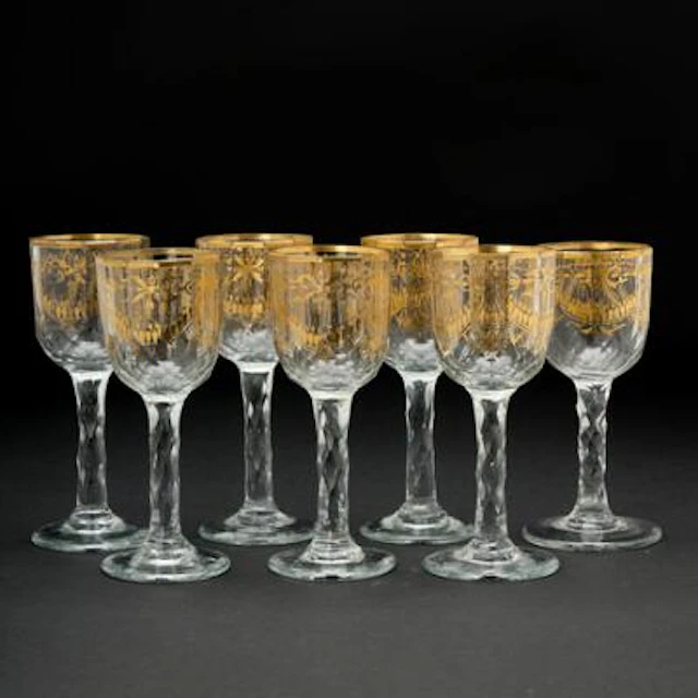 Collection of English glasses with facetted cuppa and stem, decorated