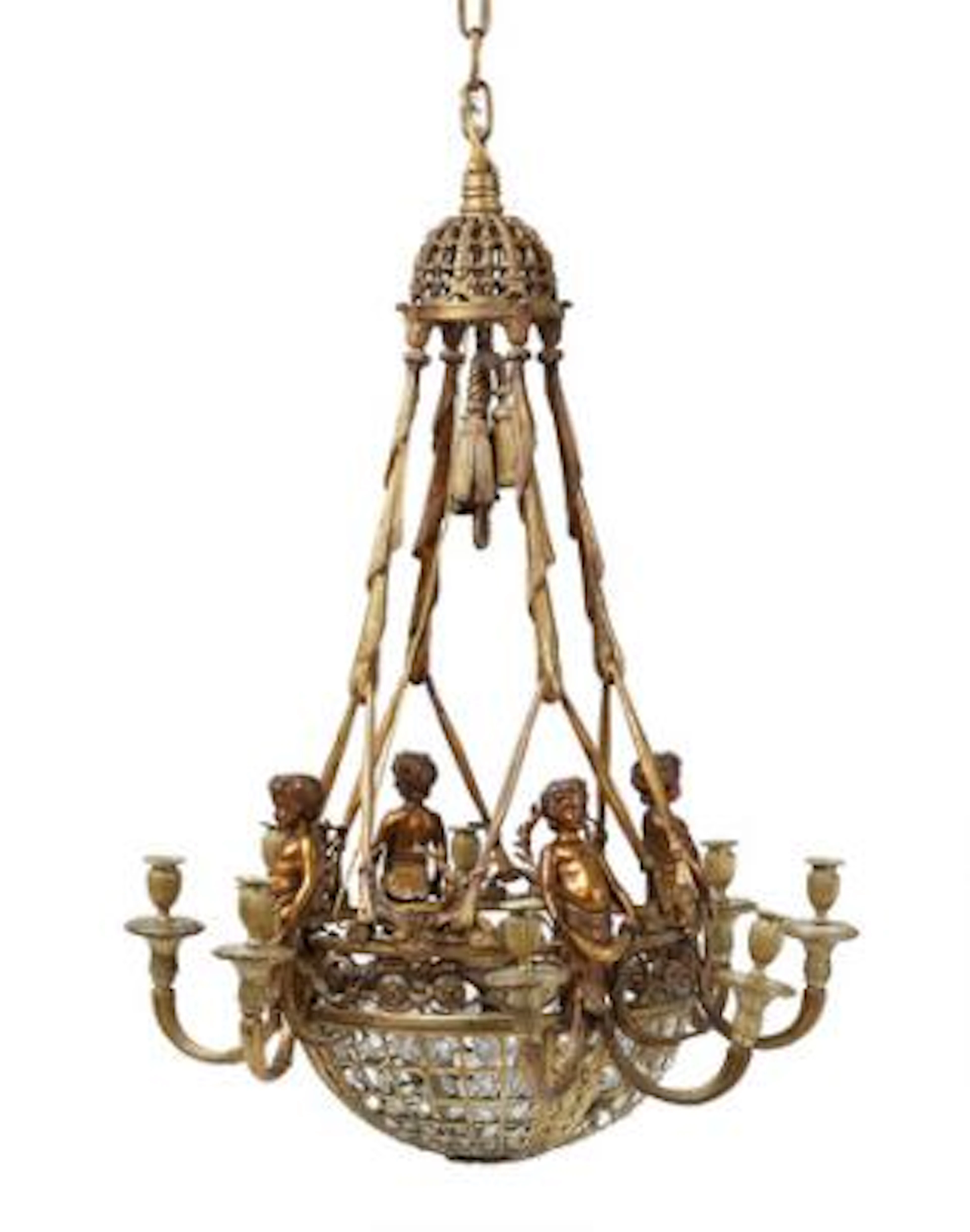 Large French chandelier in gilded bronze and zinc, adorned with prisms