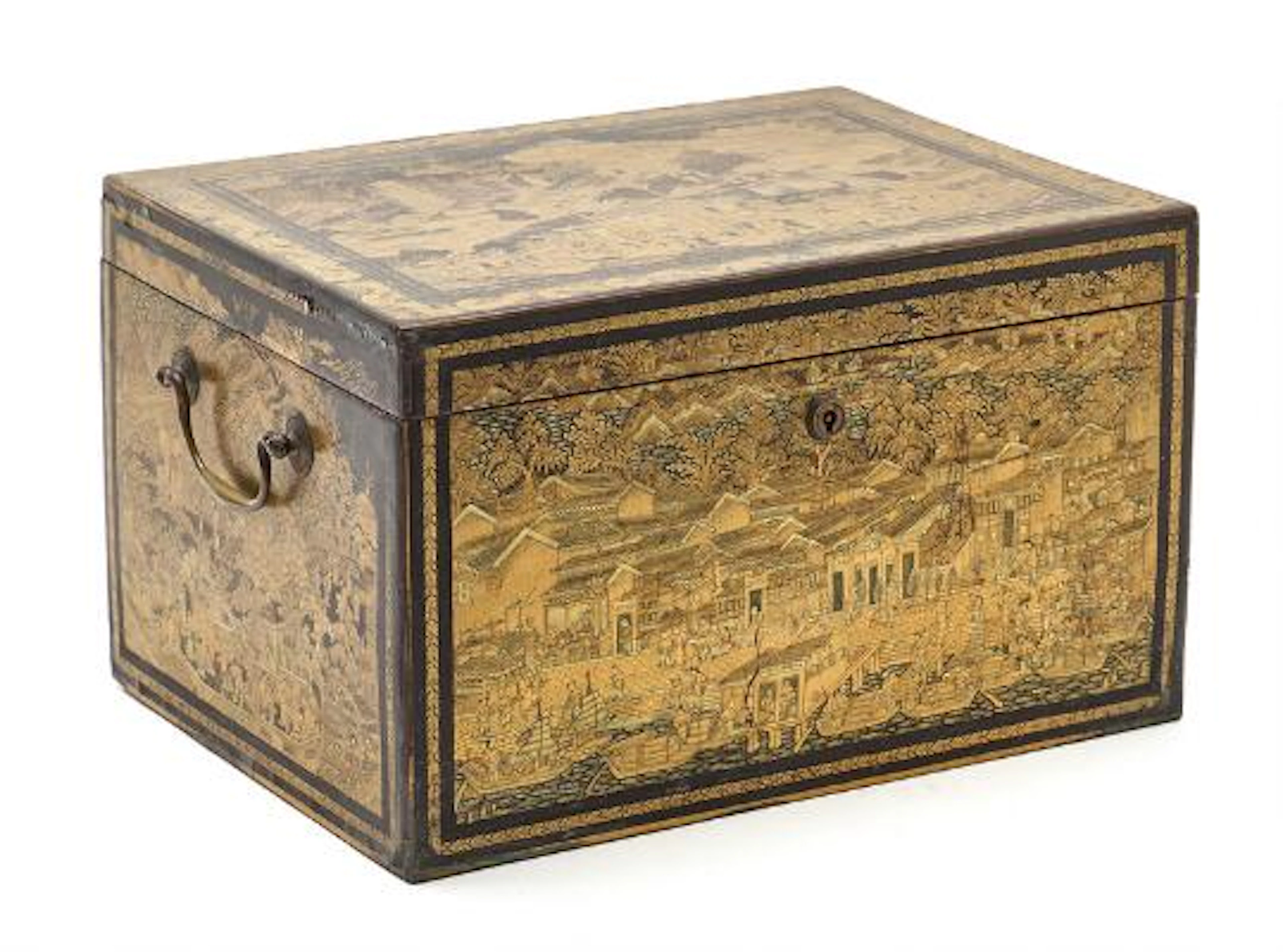 Chinese Canton lacquered tea box with metal-lined interior. 19th century.