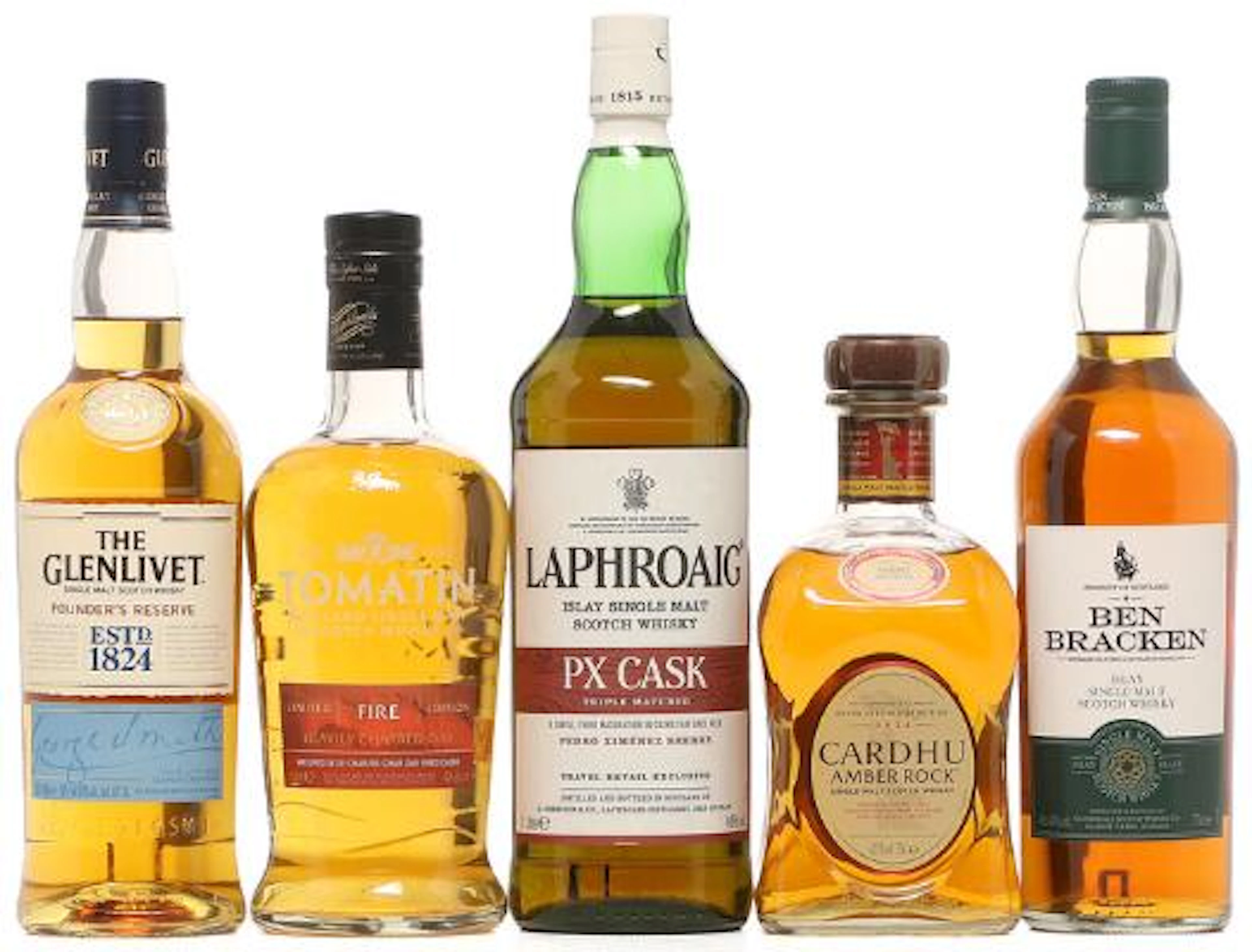 1 bt. Glenlivet, Single Malt Scotch Whisky etc. Total 5 bts. – Bruun