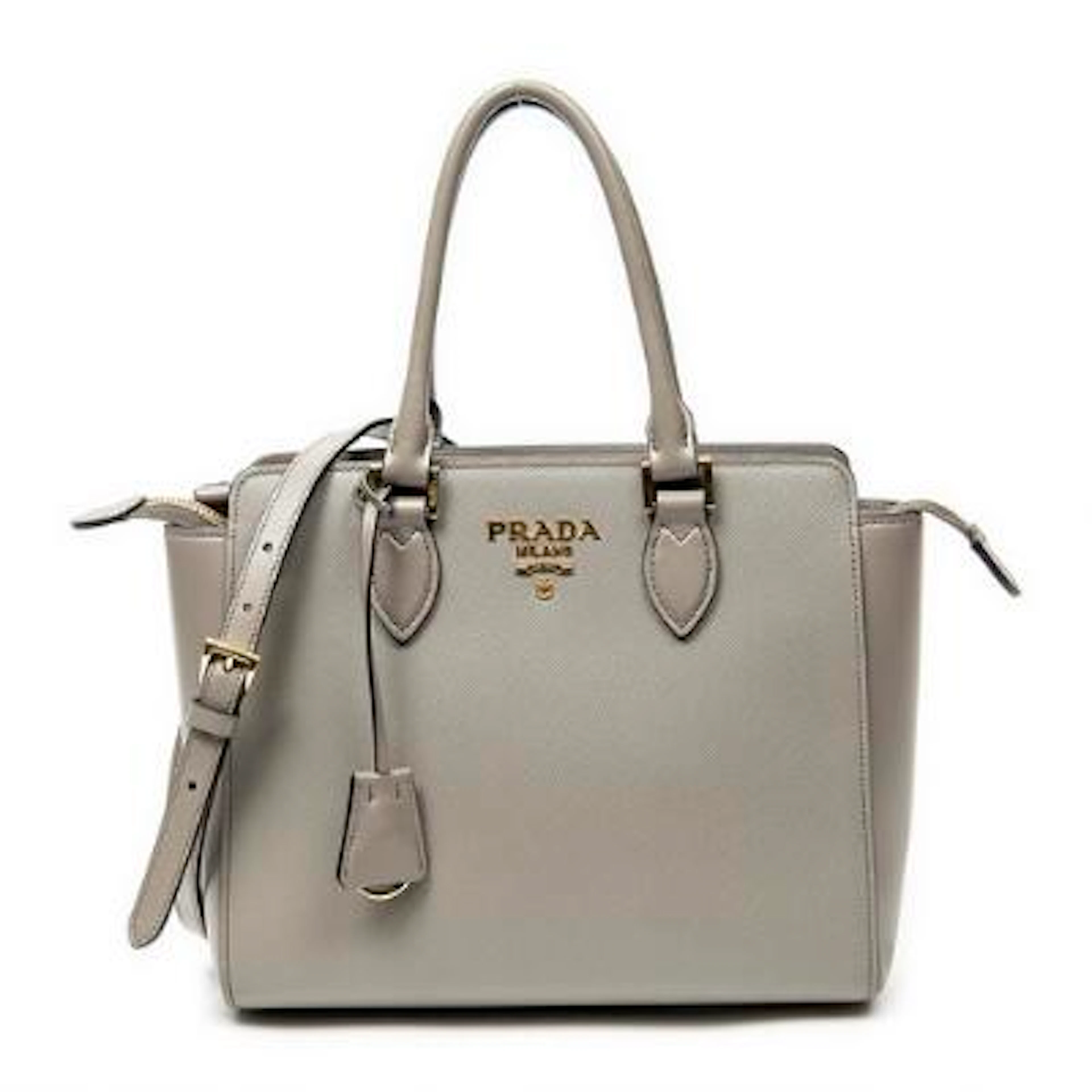 Prada: A bag of grey leather with gold-tone hardware, two handles