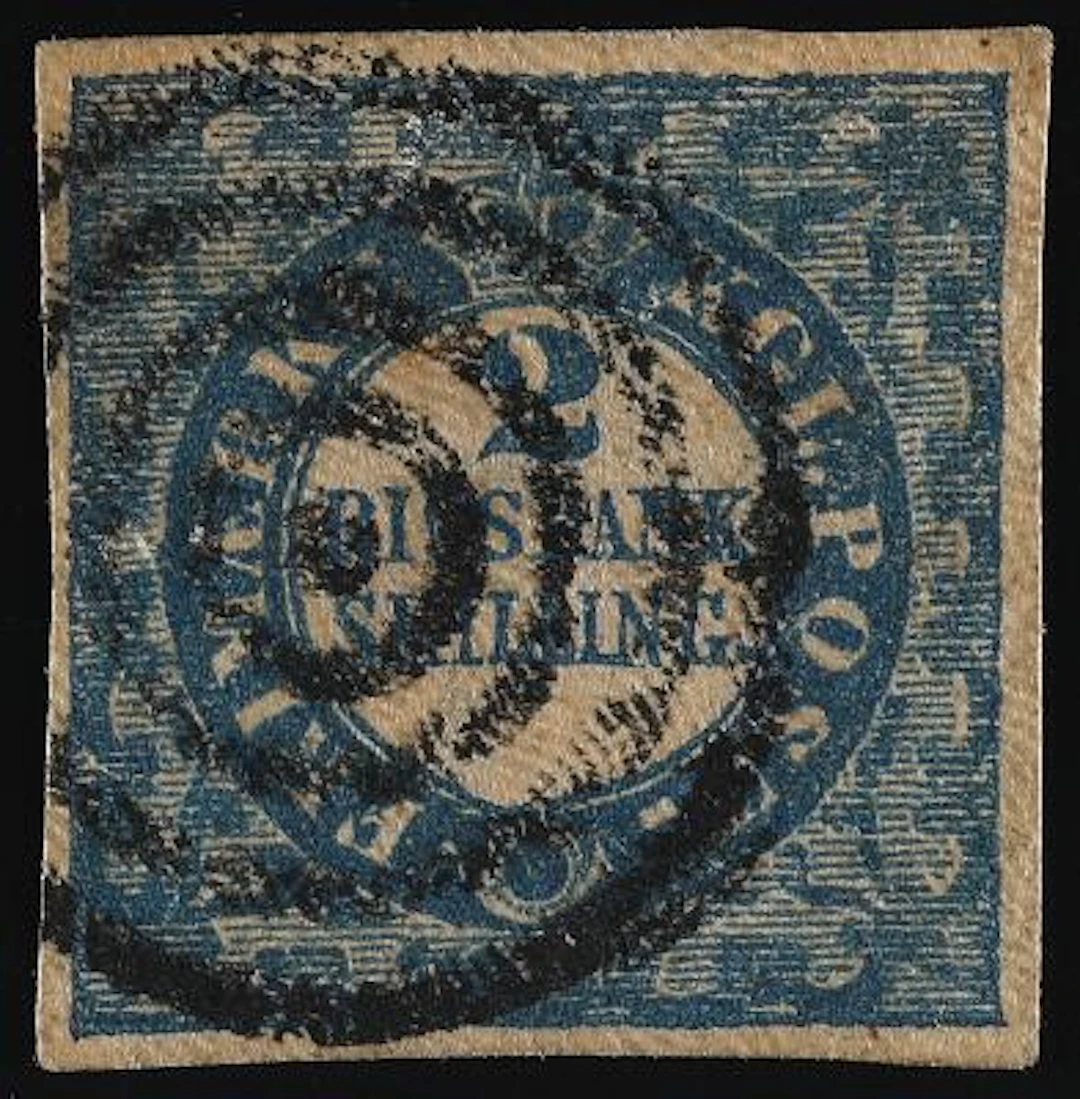 1851. 2 Rigsbankskilling, blue. Ferslew. Plate I, no.3. Type 1. Very