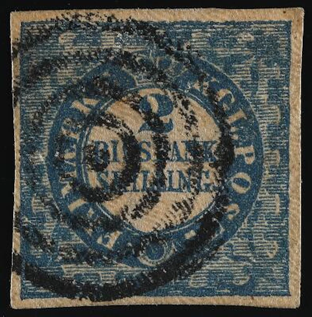 1851. 2 Rigsbankskilling, blue. Ferslew. Plate I, no.3. Type 1. Very