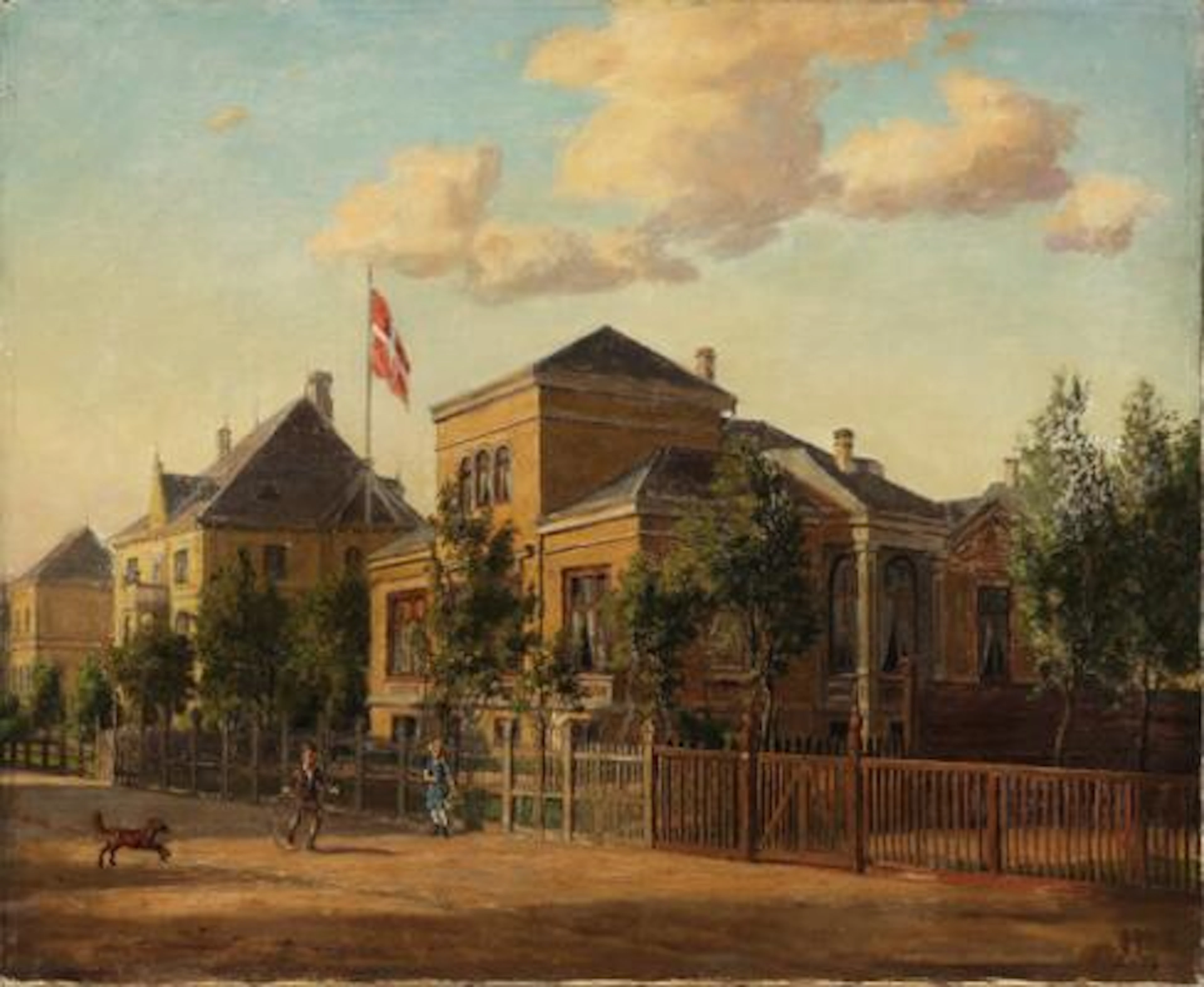 Carsten Henrichsen: Two children and a dog in front of a yellow villa.