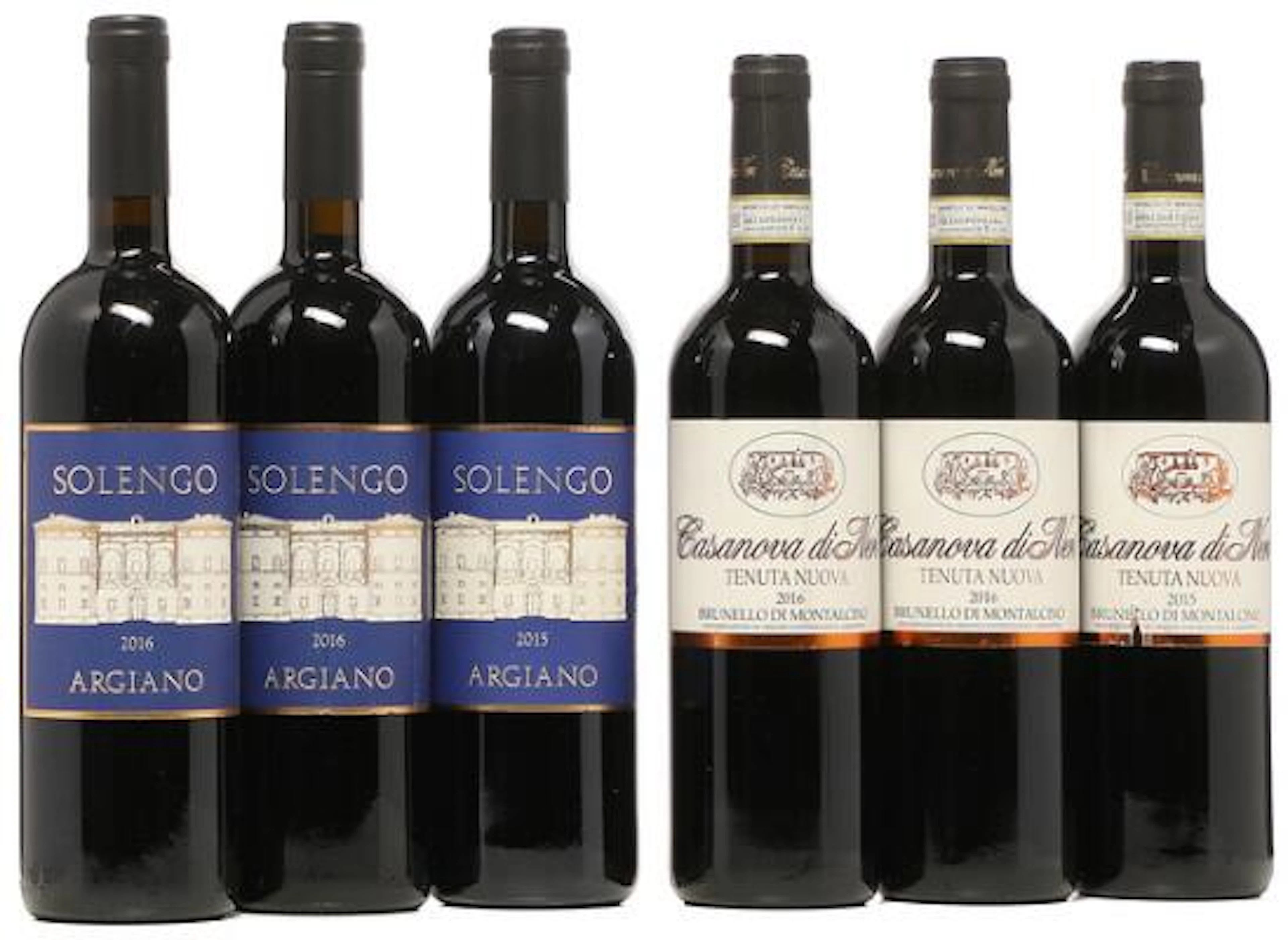 2 bts. Solengo, Tenuta di Argiano 2016 A (hf/in). etc. Total 6 bts.