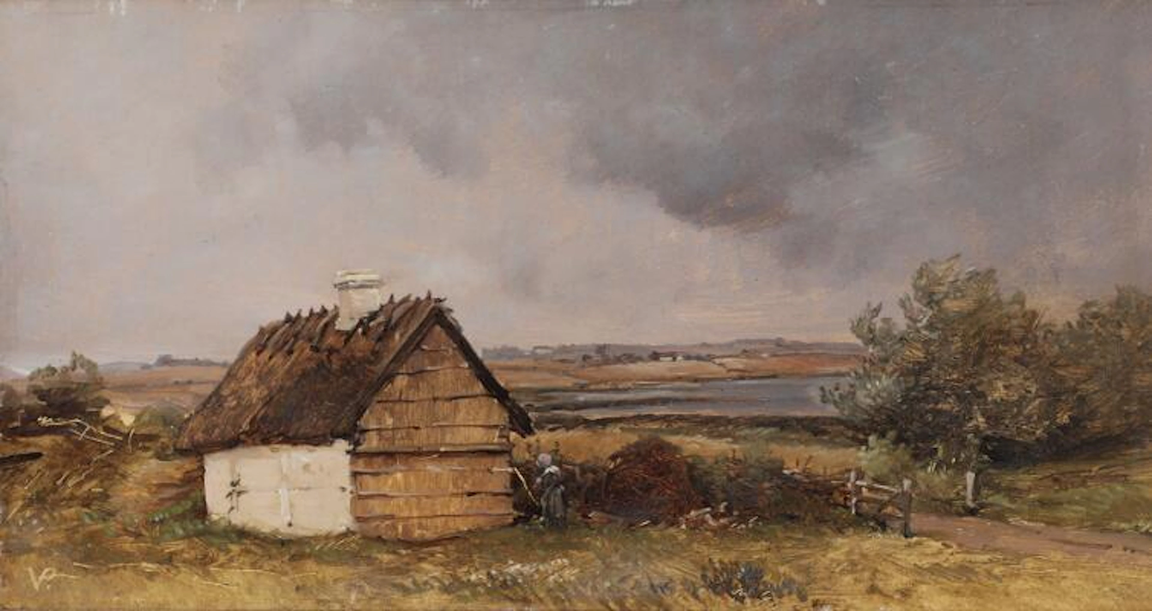 Vilhelm Petersen: A farmhouse near a lake. C. 1869. Signed with monogram.