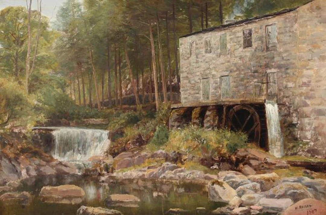 Henry Rollet: View from a water mill. Signed H. Rollet. Oil on canvas.