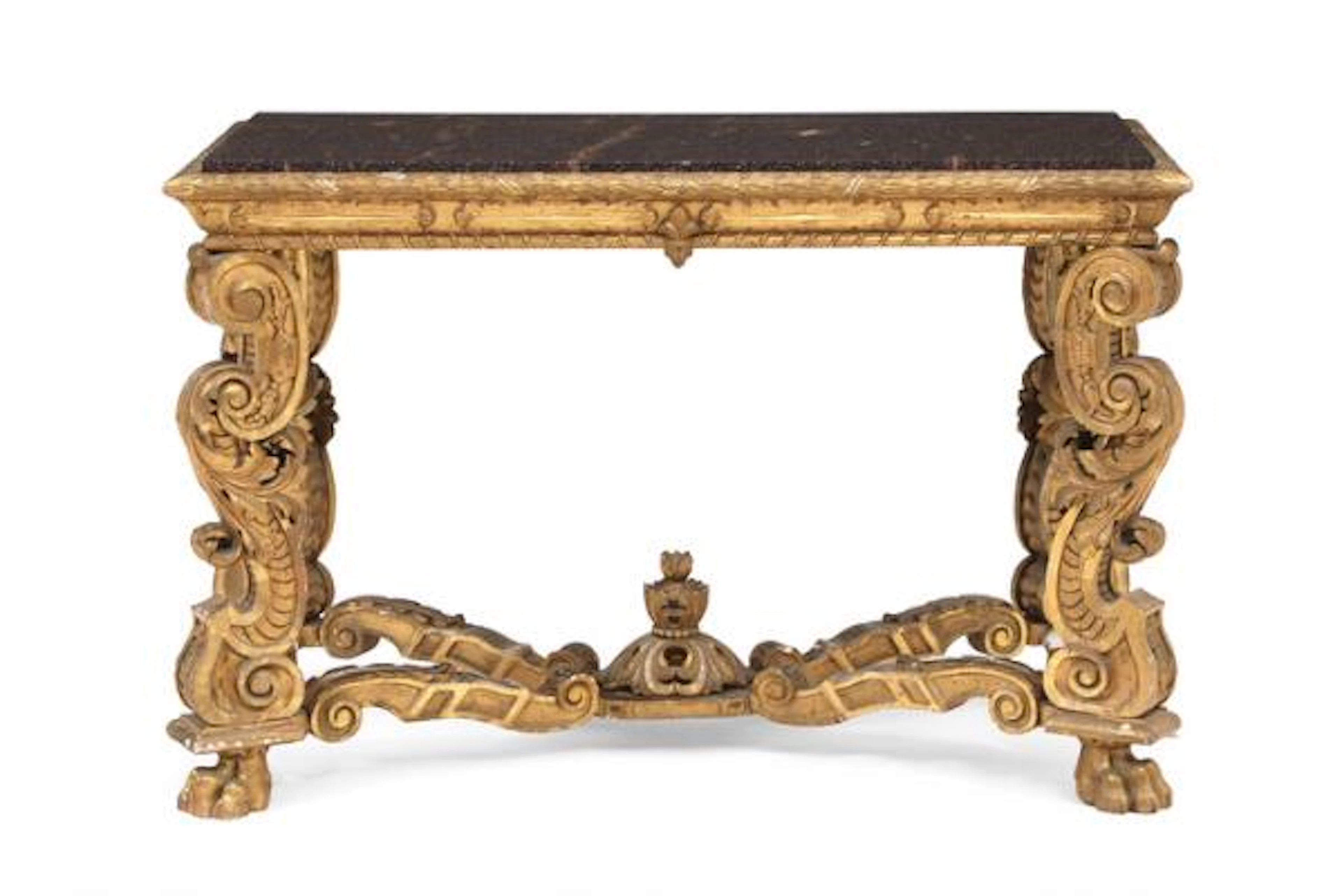 A Swedish giltwood table with a porphyry top. Baroque style, mid-19th