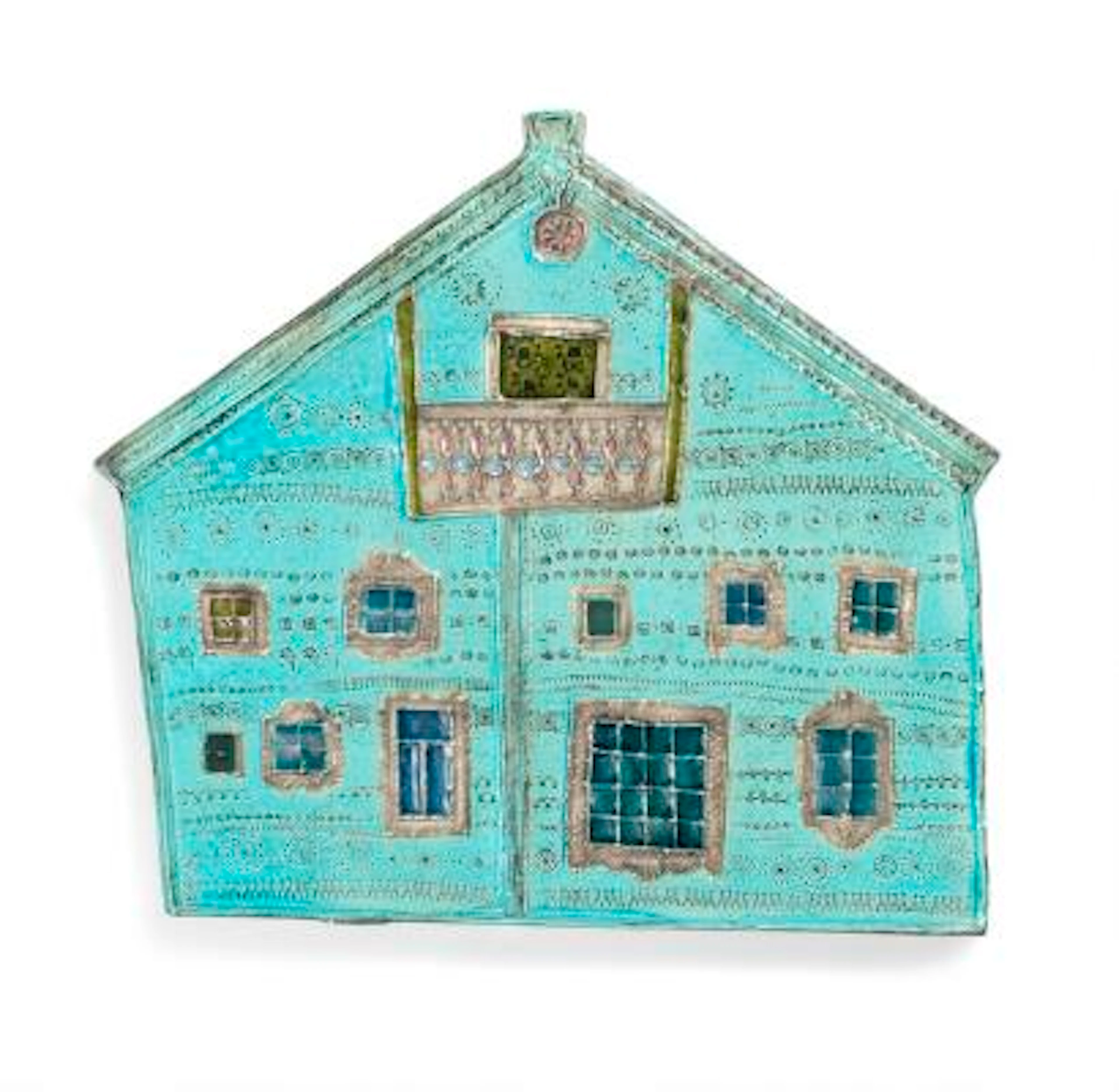 Rut Bryk: A faience wall relief cast in the shape of a house. Embossed