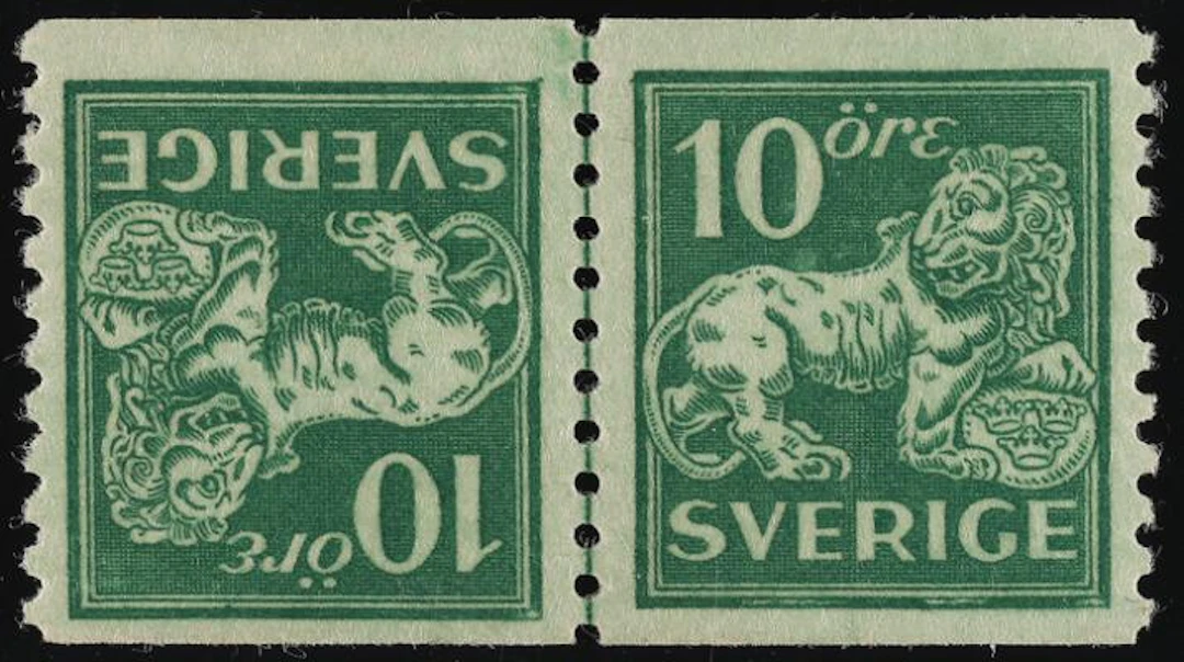 1921. Lion, 10 öre, green. TÊTE-BÊCHE pair. Most lightly hingedf.