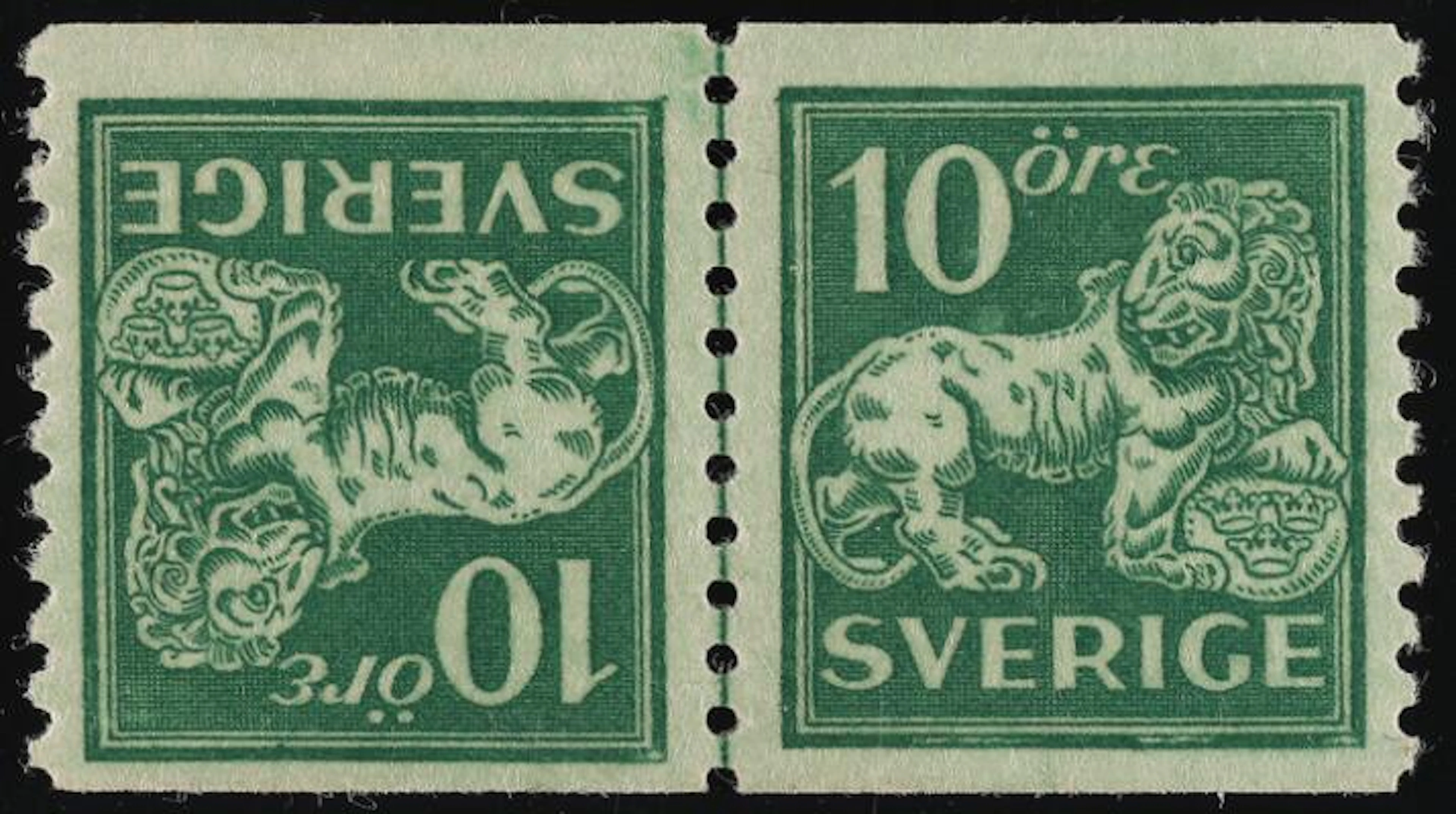 1921. Lion, 10 öre, green. TÊTE-BÊCHE pair. Most lightly hingedf.