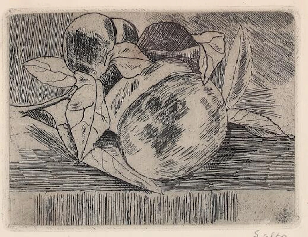 Axel Salto: Still life with peaches, 1919. Signed Salto. Etching.