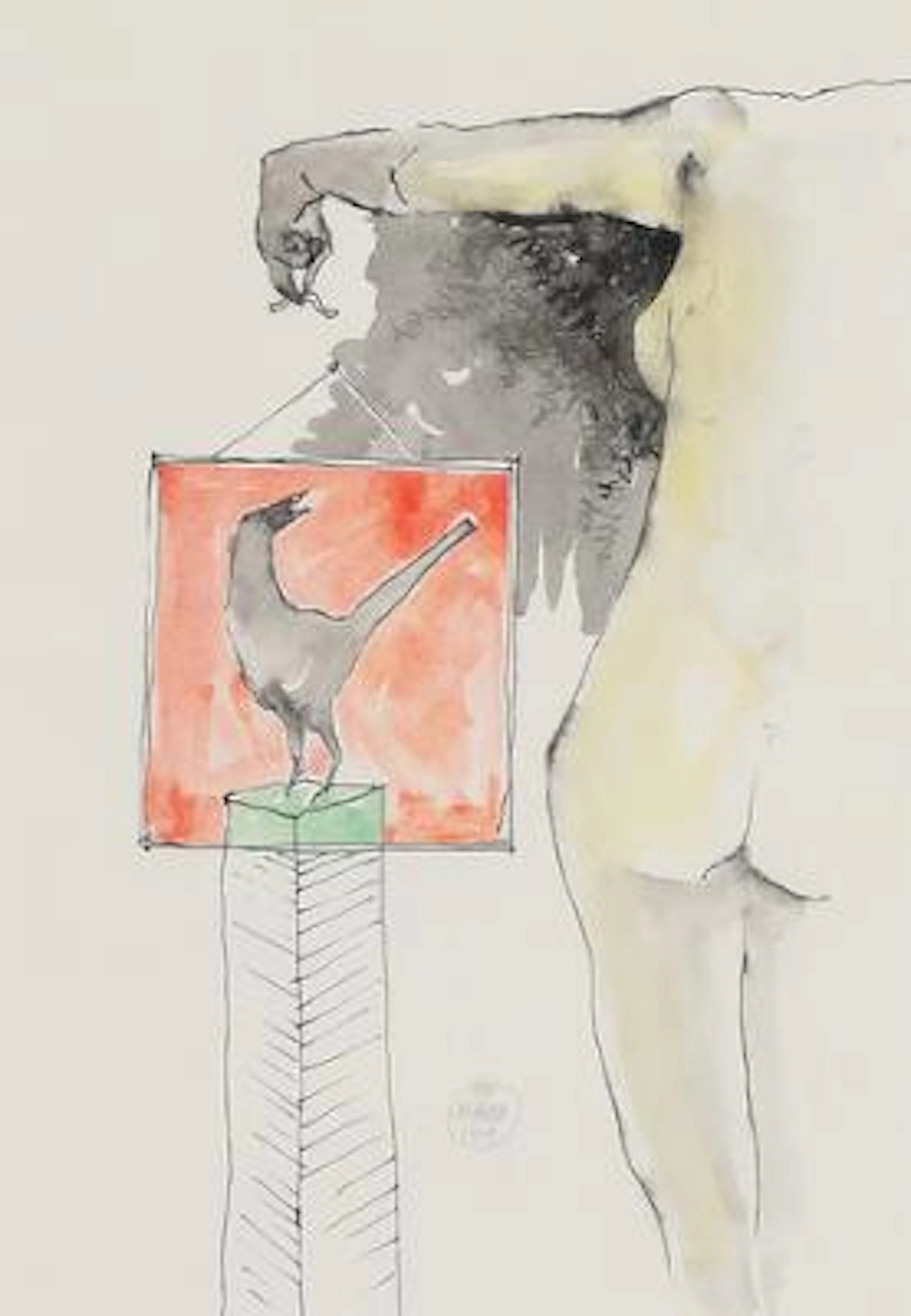 Sven Dalsgaard: Woman seen from behind and bird, 1982. Signed Sven