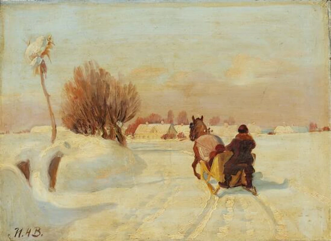 H.A. Brendekilde: Sleigh ride on a winter's day. Signed H. A. B. Oil
