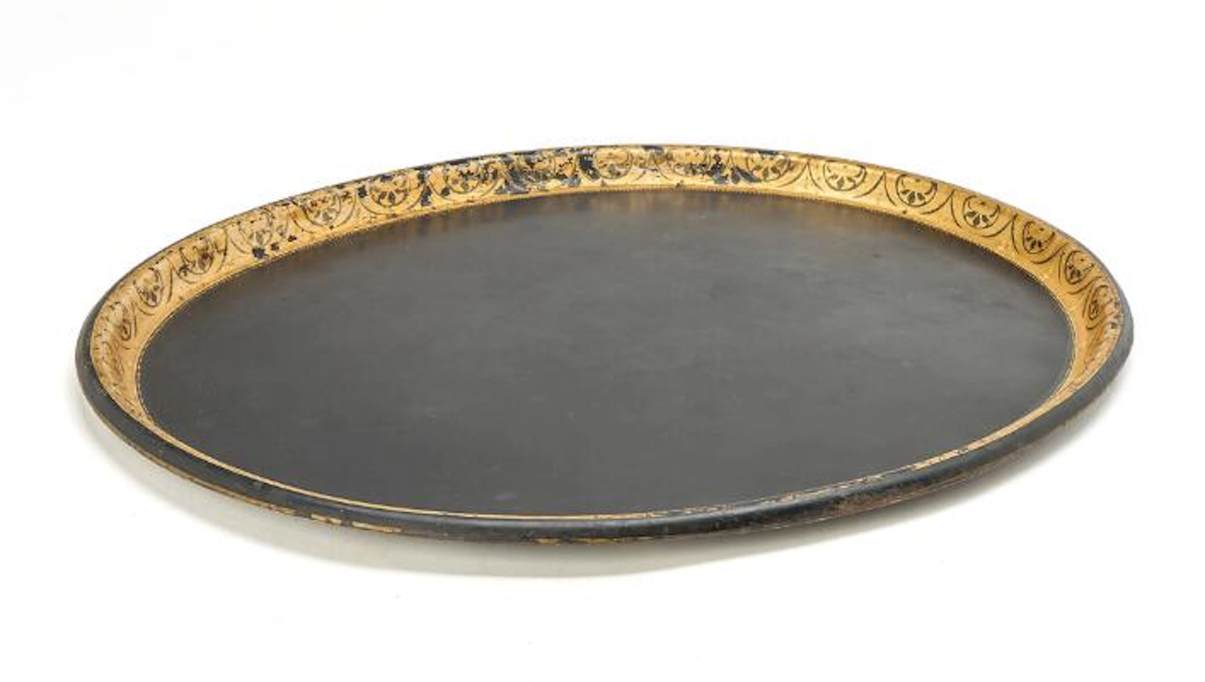 A large Victorian painted metal tray of oval form. 19th century. 78