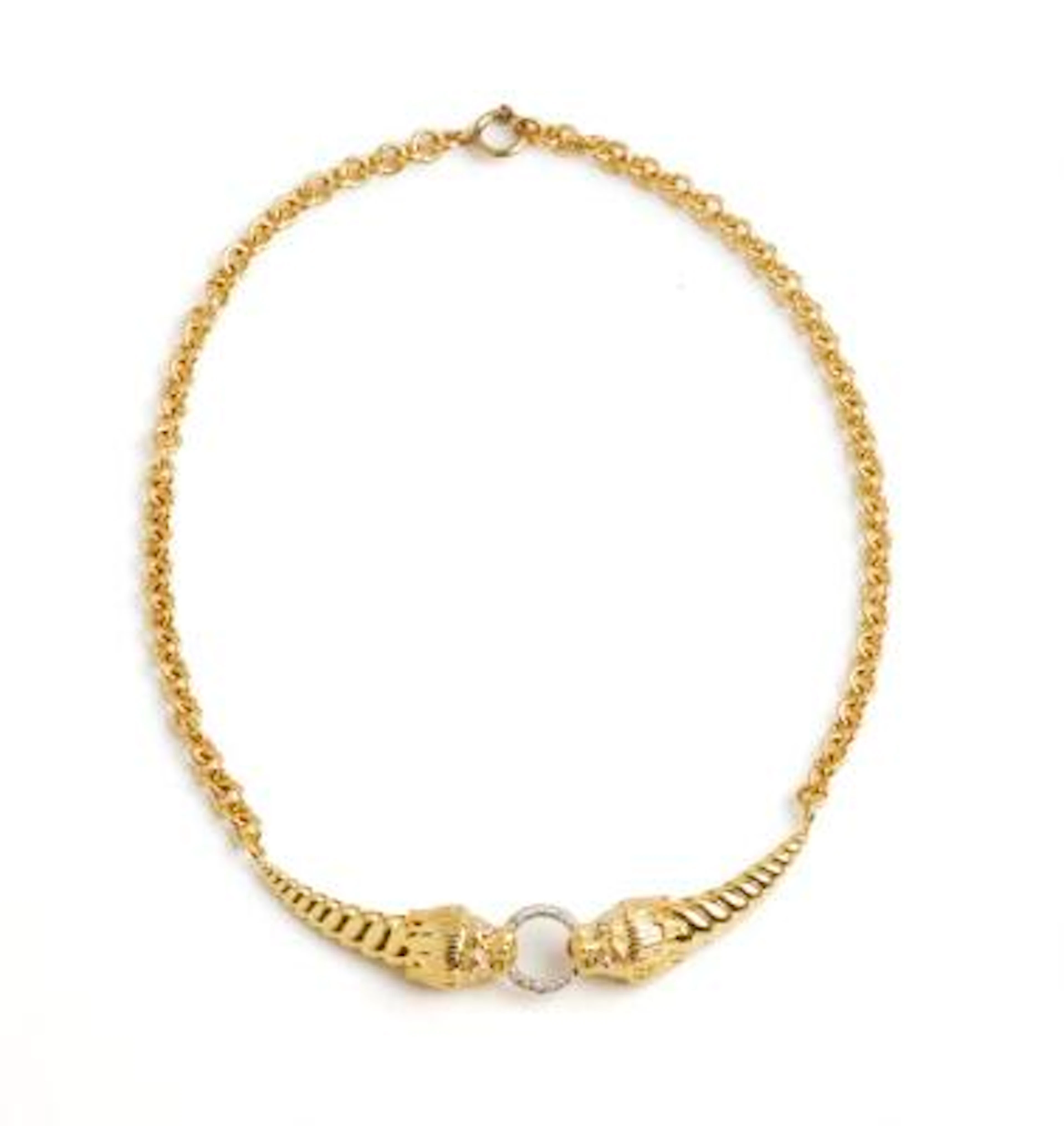 A diamond necklace with two lion heads set with numerous brilliant-cut