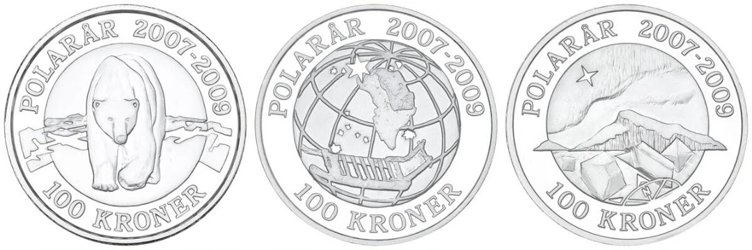Polar Coins, 100 kr 2007, Polar Bear, 100 kr 2008, Sirius, and 100