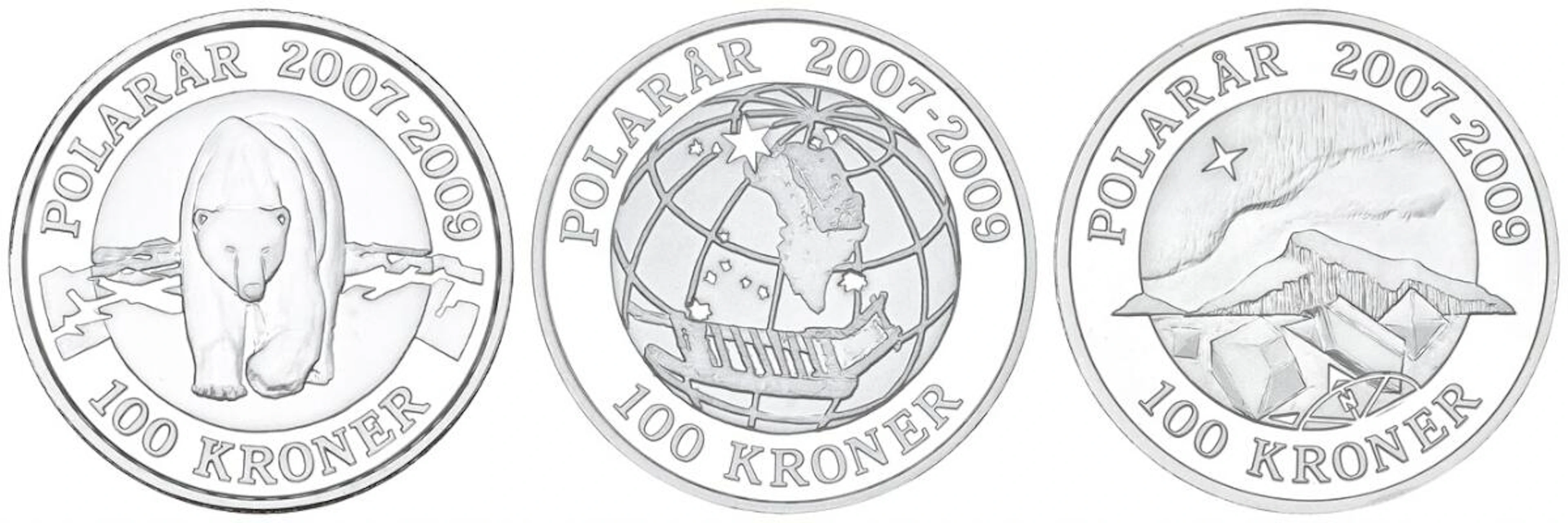 Polar Coins, 100 kr 2007, Polar Bear, 100 kr 2008, Sirius, and 100