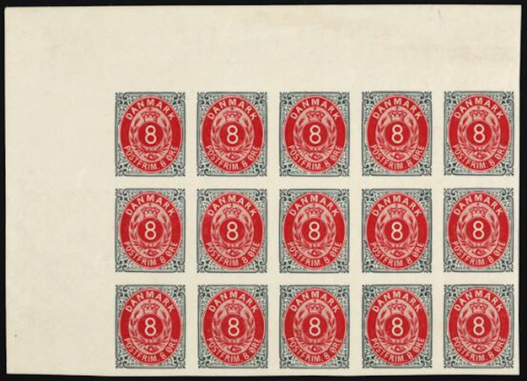 1895. 8 øre, 108.print. IMPERFORATED block of 15. Pos. 1-5/11-15/21-25