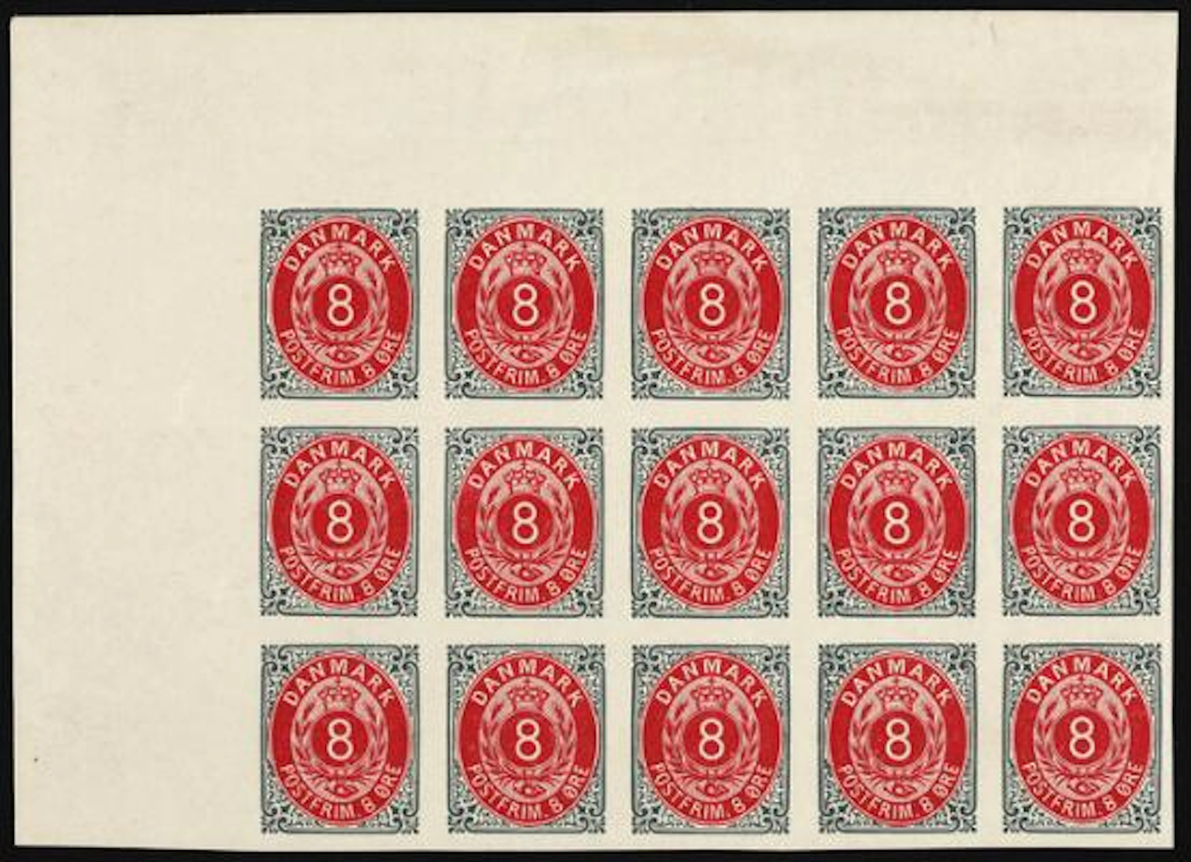 1895. 8 øre, 108.print. IMPERFORATED block of 15. Pos. 1-5/11-15/21-25