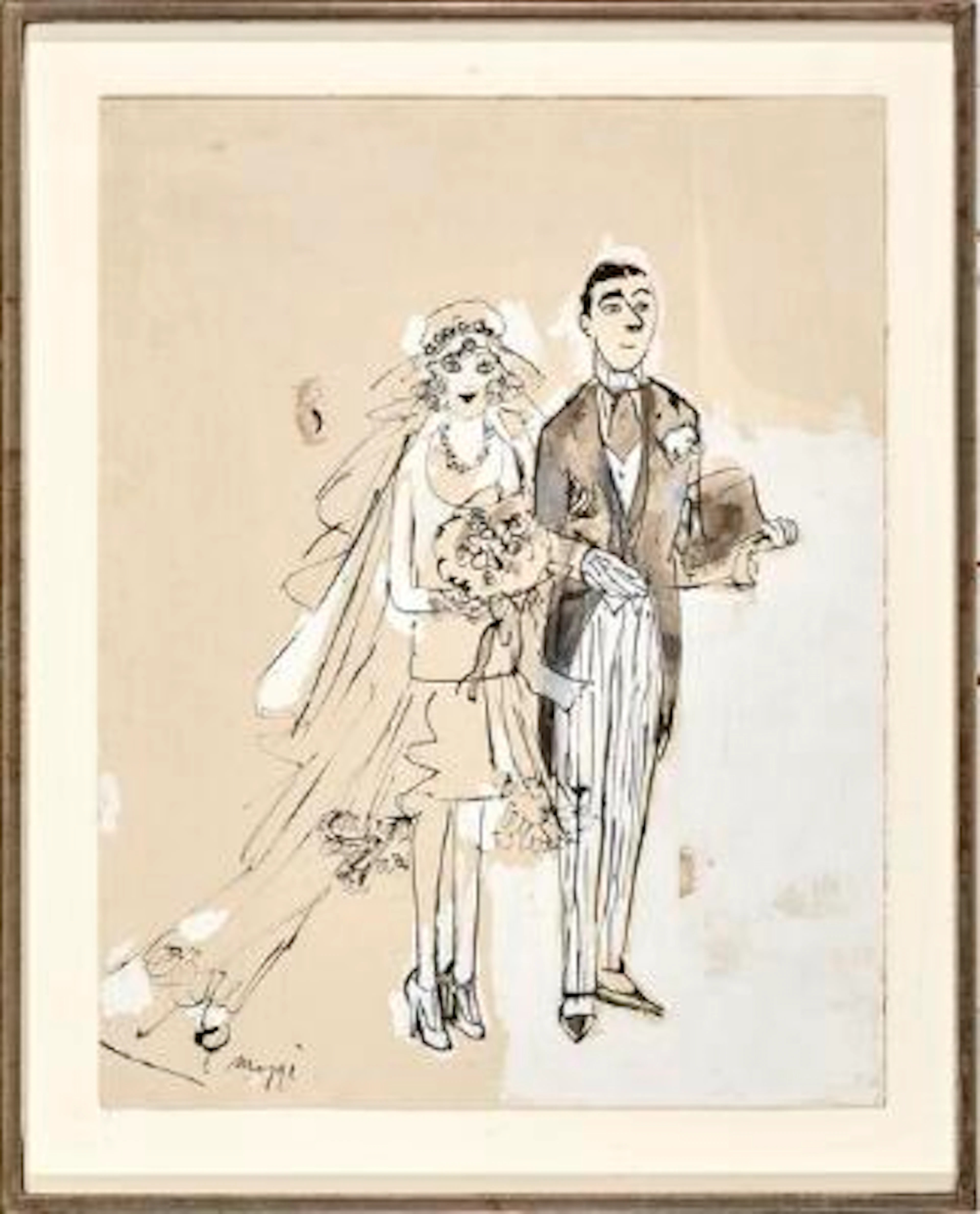 Maggi Baaring: Bridal couple. Signed Maggi. Indian ink and gouache