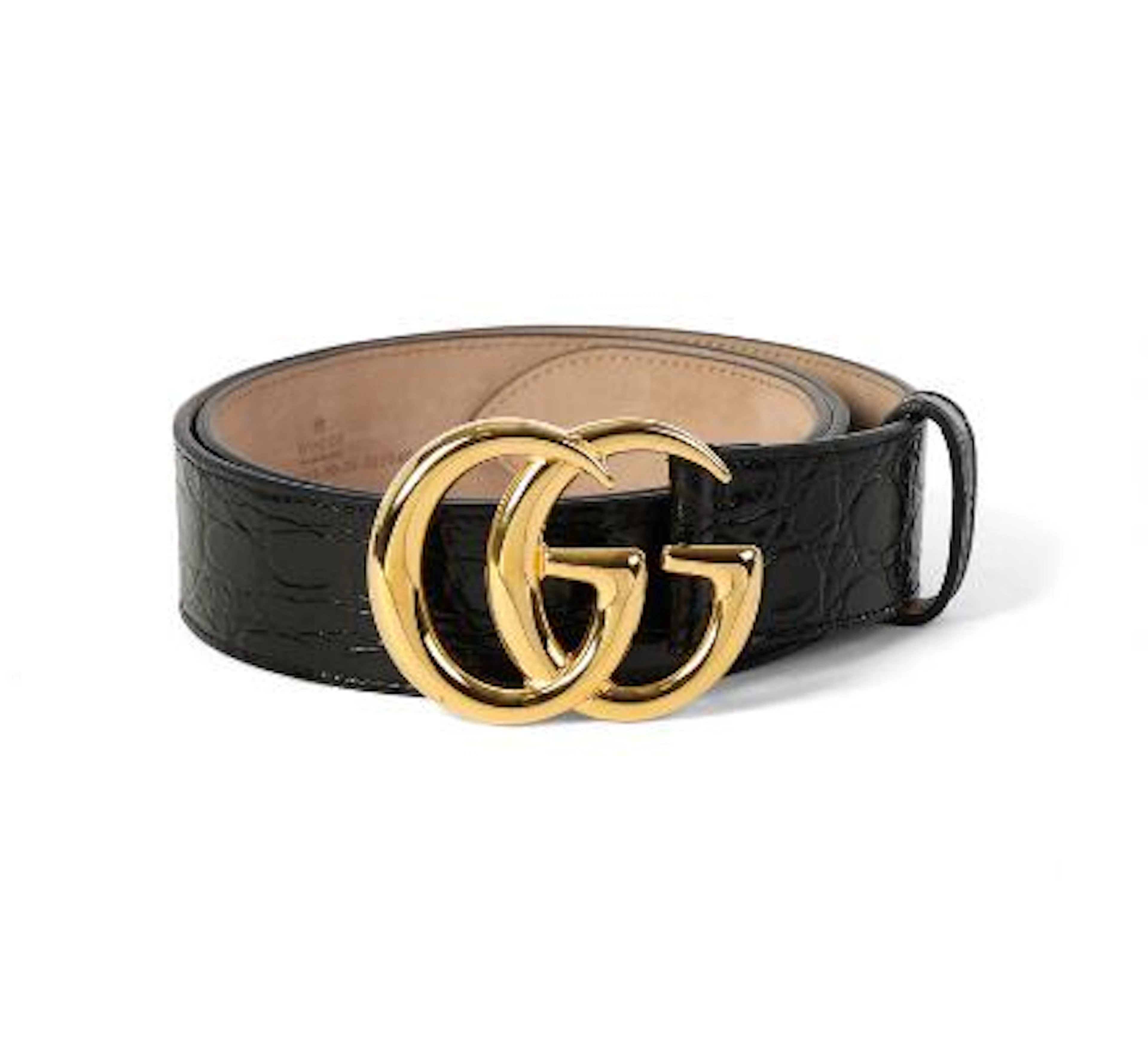 Gucci: A "Marmont" belt of black alligator skin with golden logo buckle.