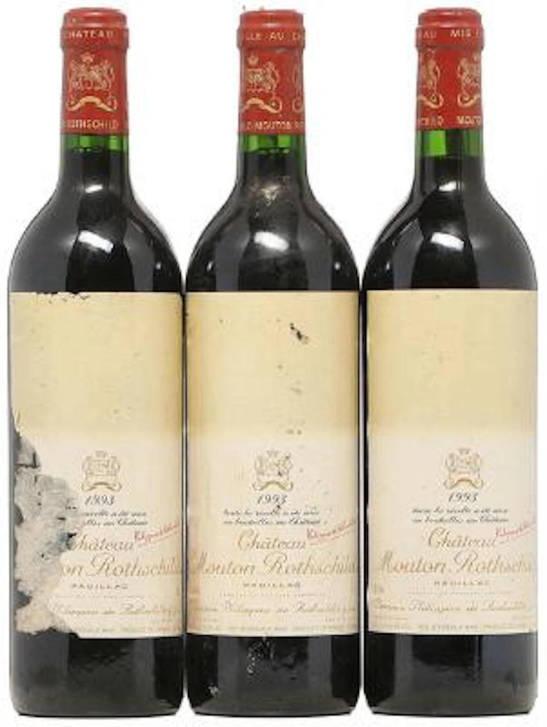 3 bts. Château Mouton Rothschild, Pauillac. 1. Cru Classé 1993 A (hf/in).