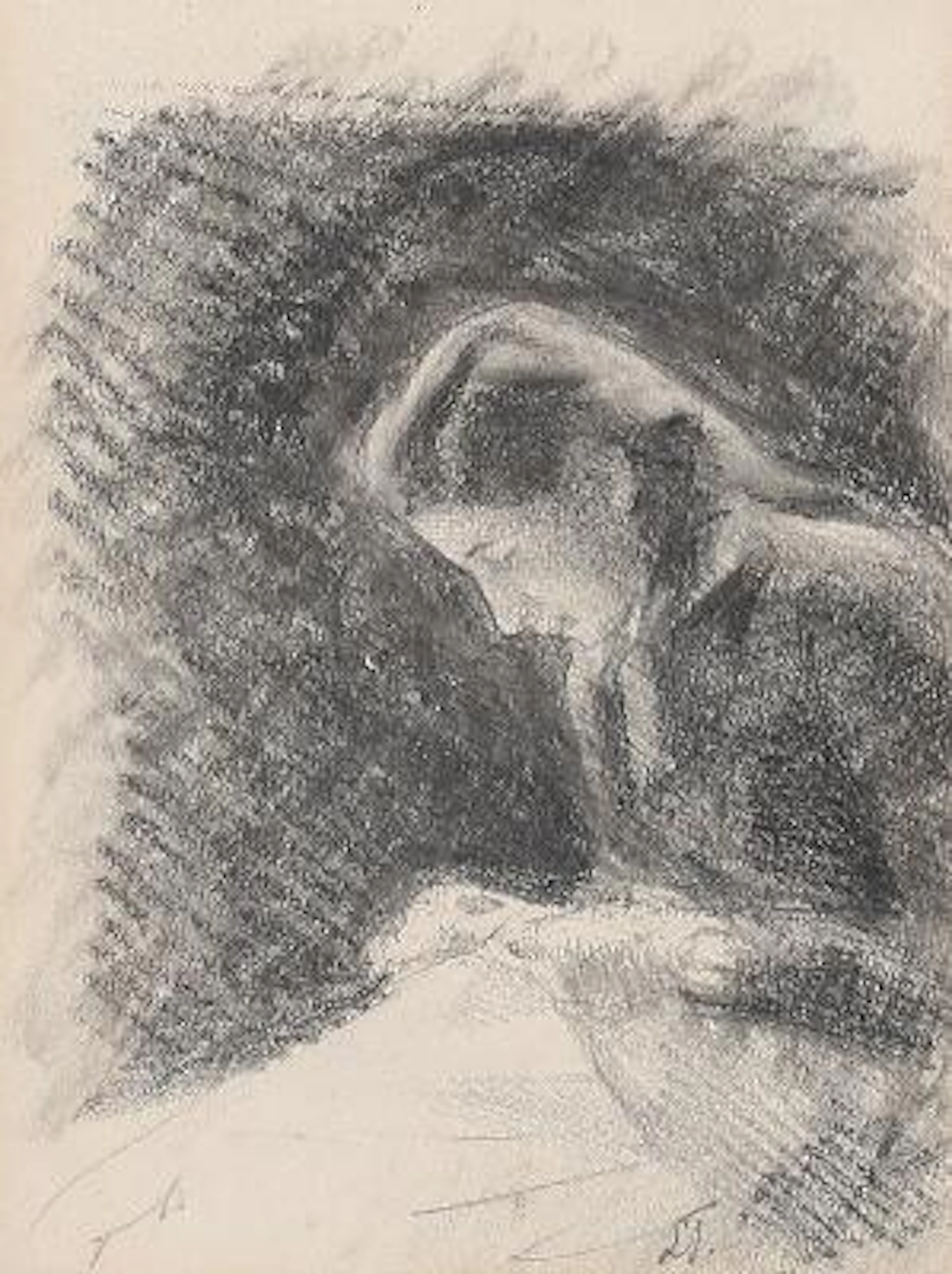 Laurits Tuxen: Woman with sewing work. Signed LT. Pencil on paper.