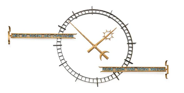 Bent Helweg-Møller: Large circular brass and bronze wall clock. Blue-painted
