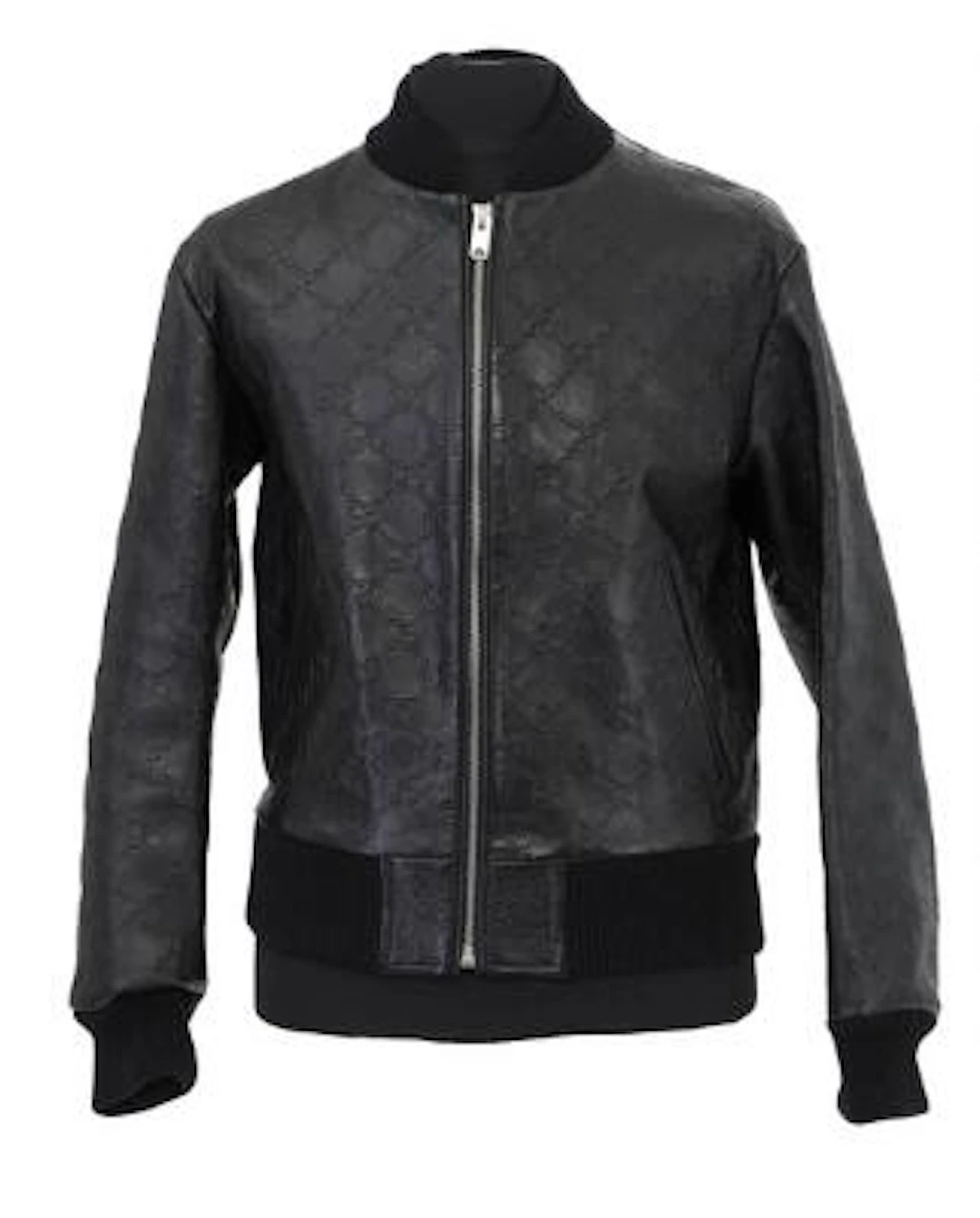Gucci: A black mens jacket of monogram embossed lamb skin with a zipper