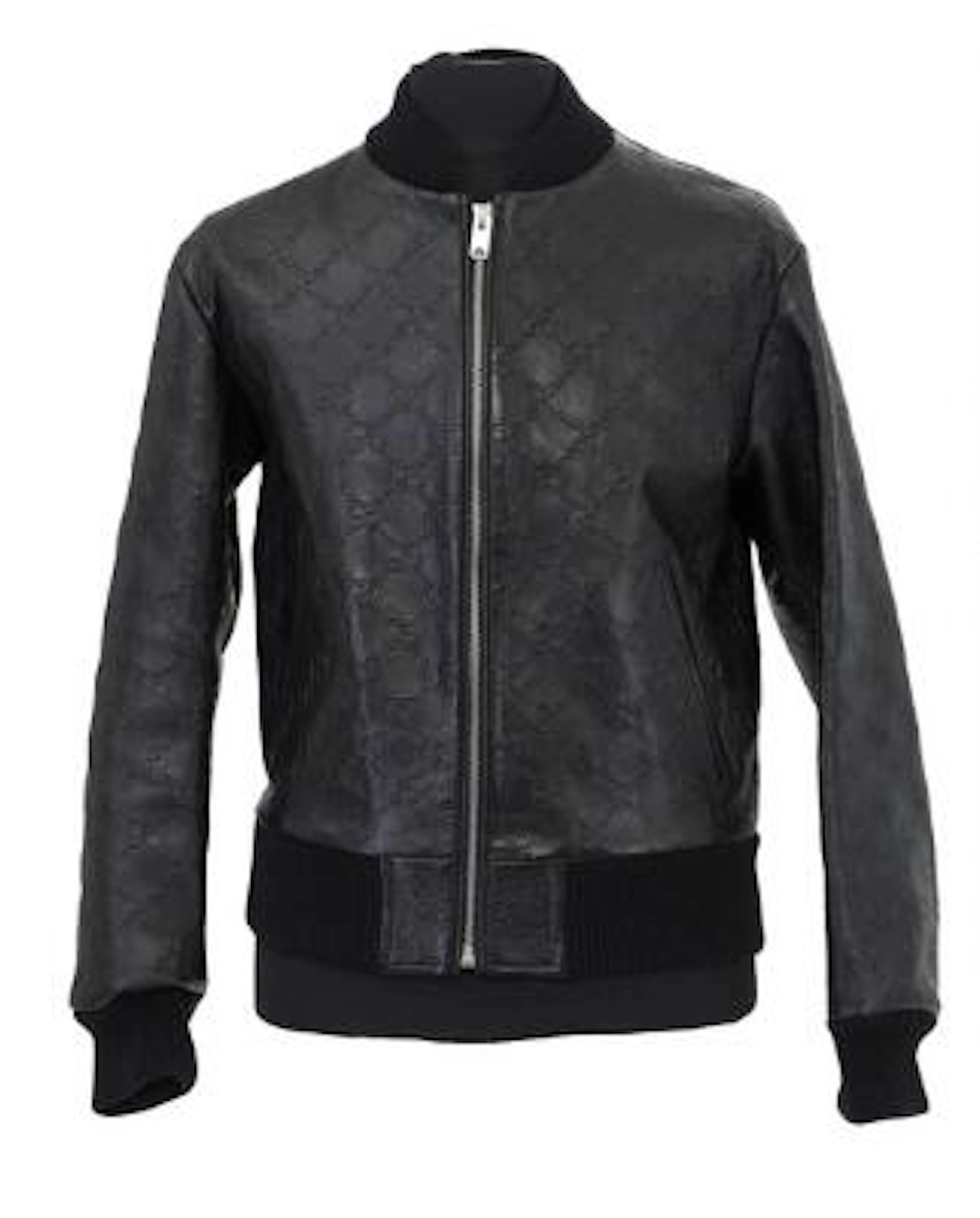 Gucci: A black mens jacket of monogram embossed lamb skin with a zipper