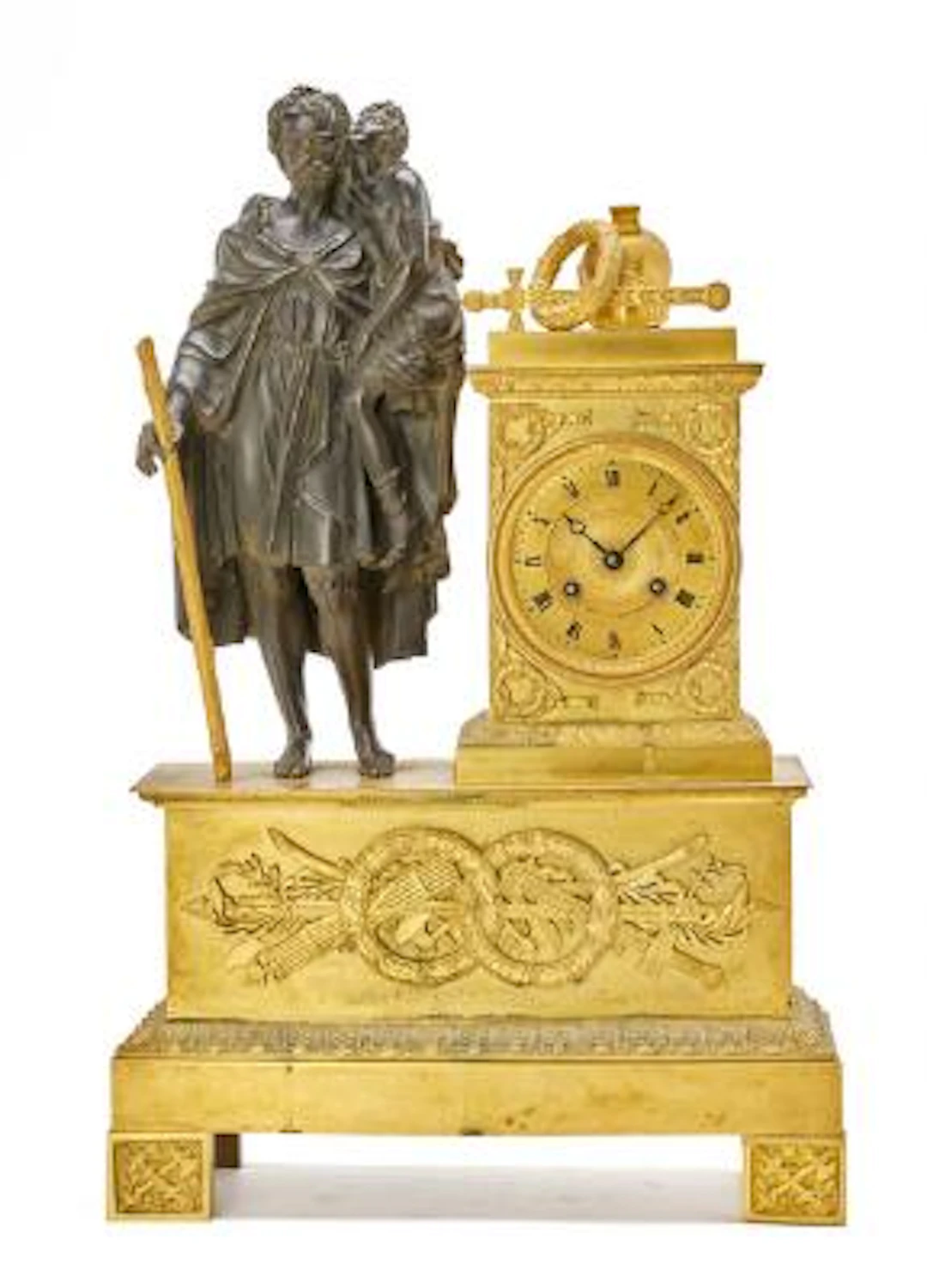 French Empire mantelpiece clock in gilt and patinated bronze. Dial