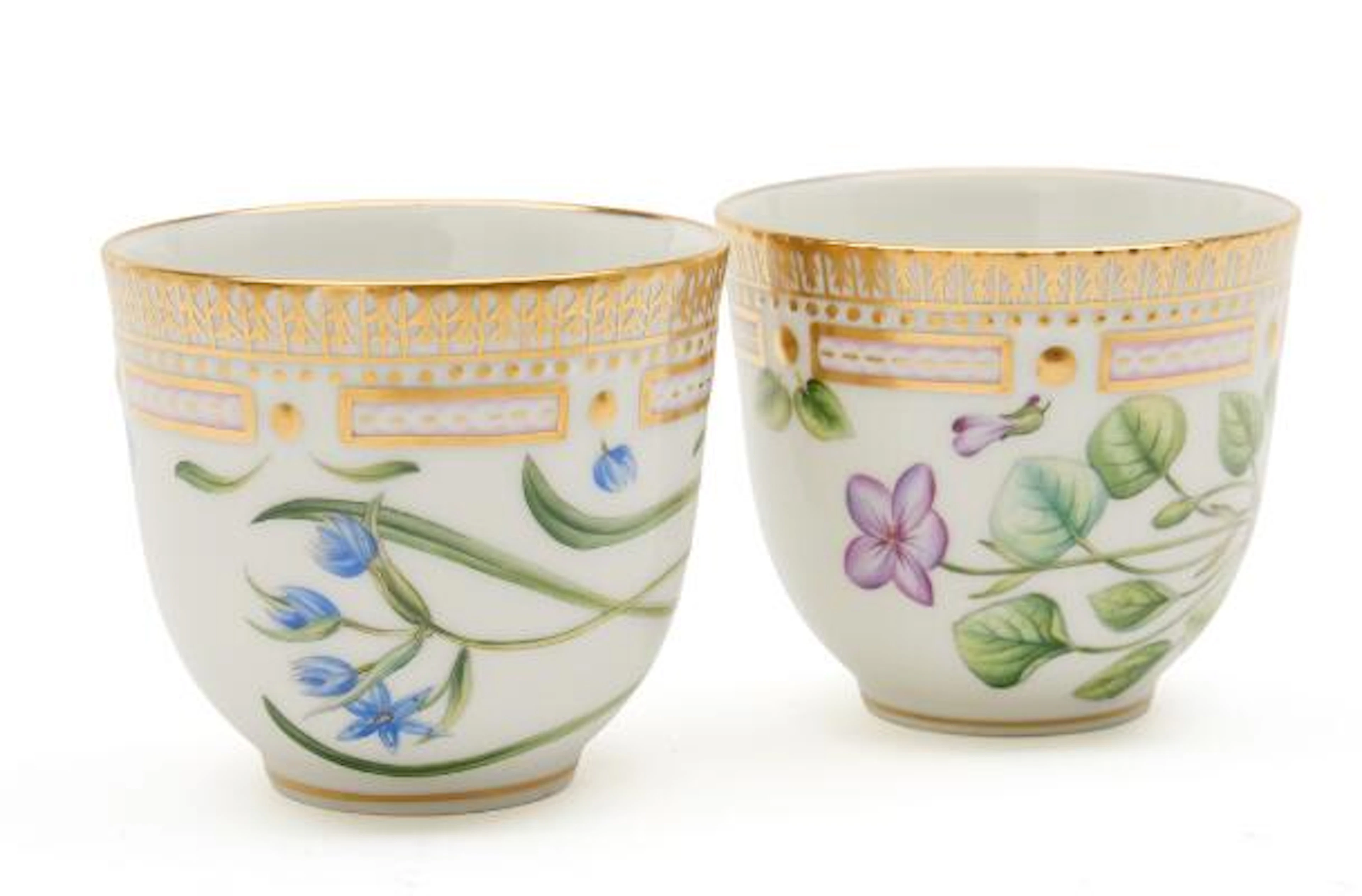 "Flora Danica" two porcelain mocha cups, decorated in gold and colours
