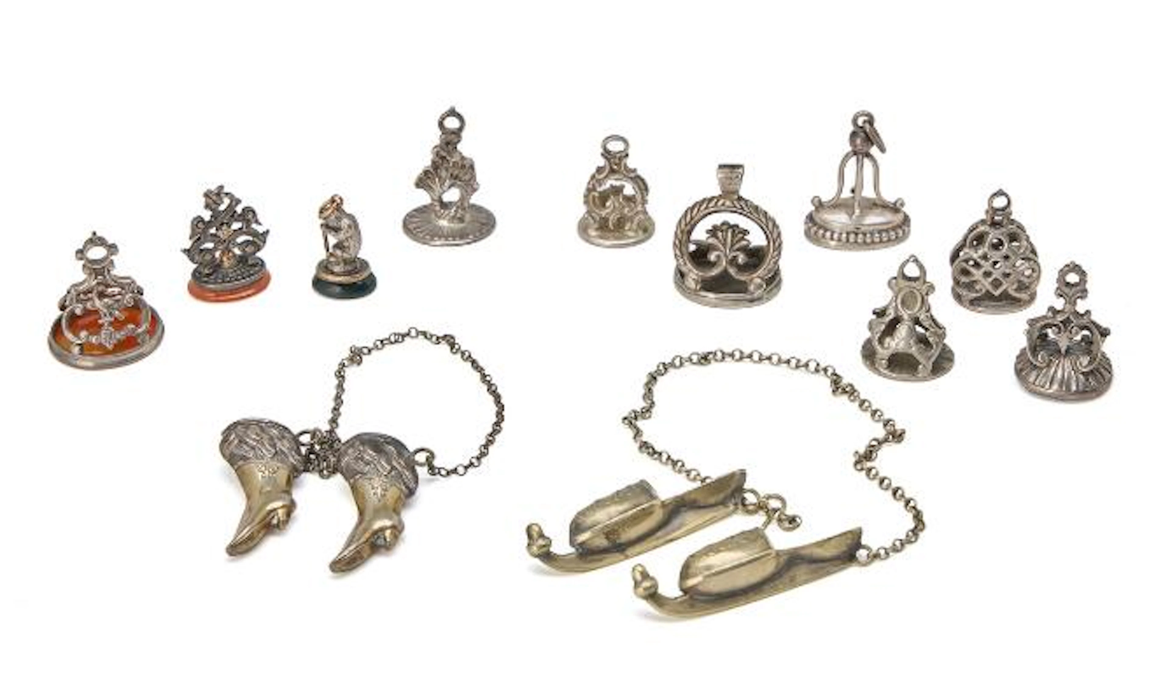 Collection of 11 silver seals, some with various stones, and two pairs