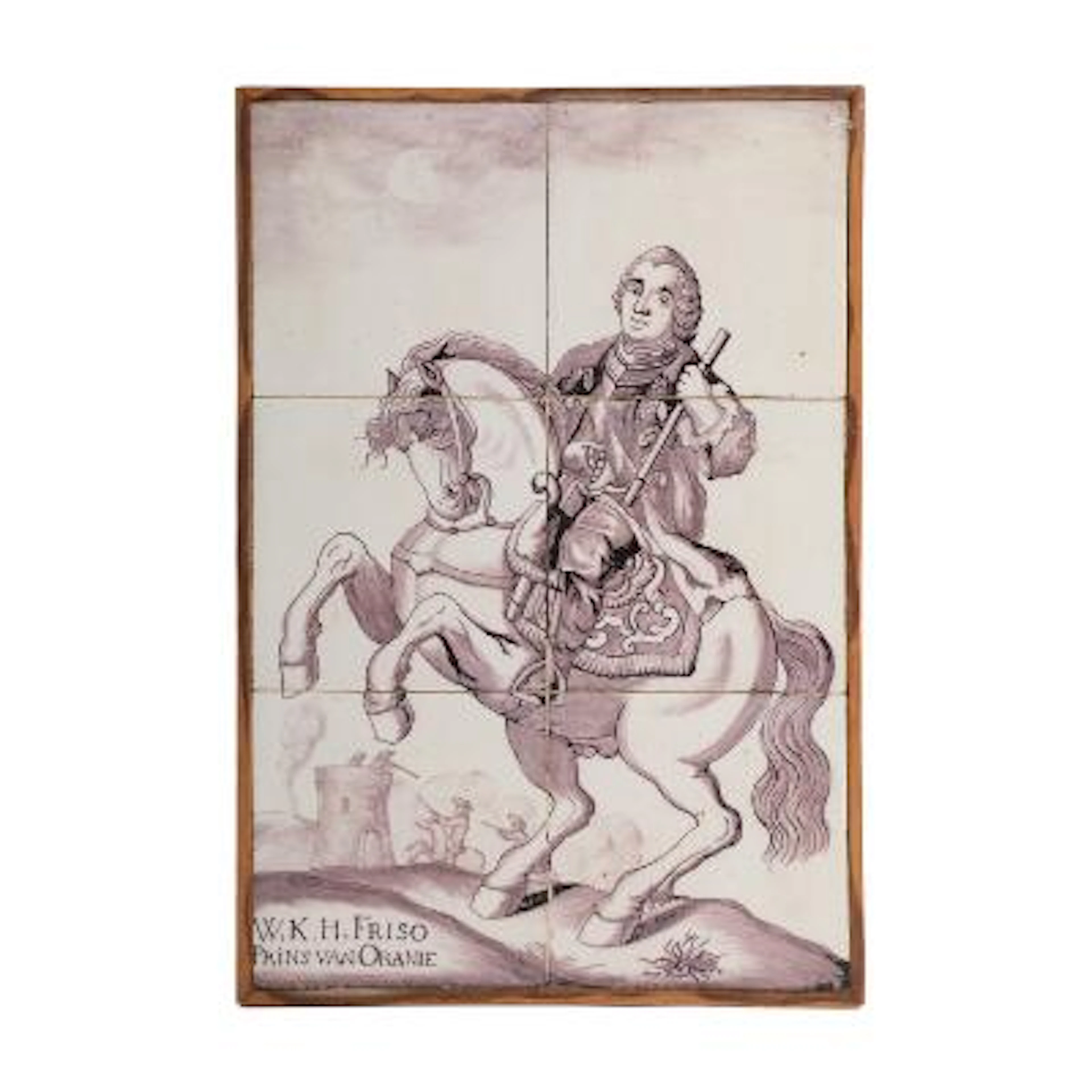Dutch tile picture in faience, decorated with an equestrian portrait