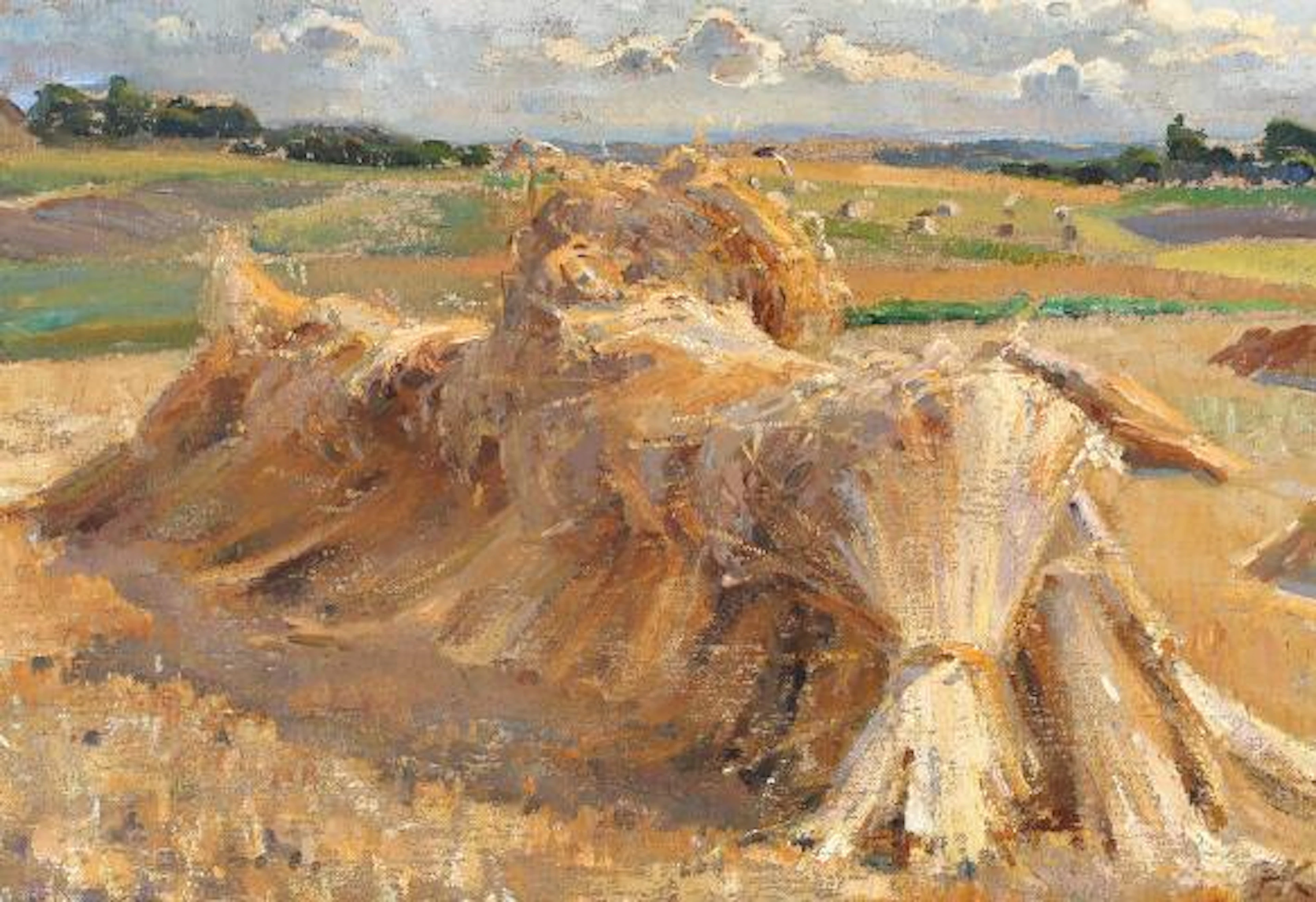 Helvig Kinch: Harvest landscape with sheaves of corn in the field.