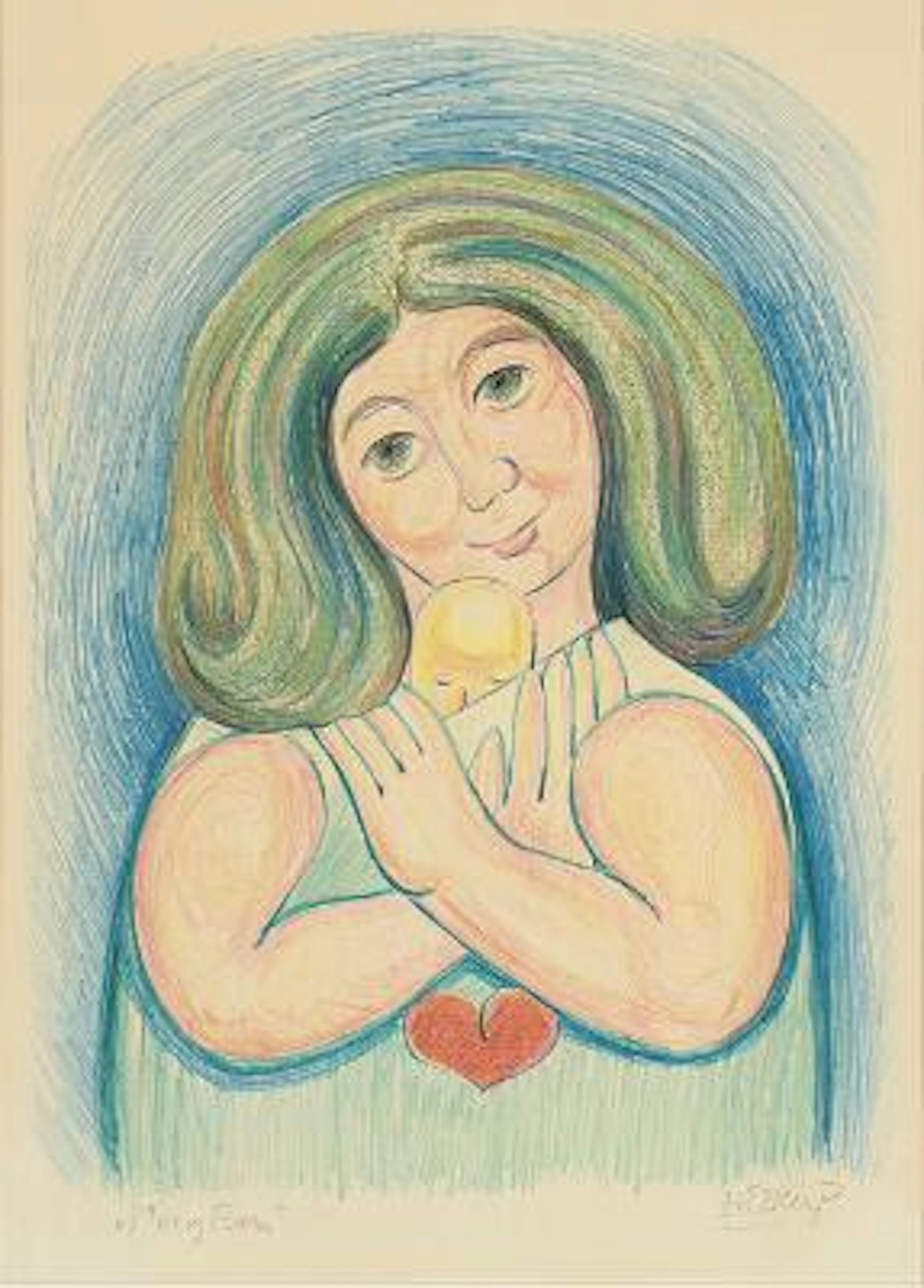Henry Heerup: "Mother and Child". Signed Heerup. Hand-coloured lithograph.