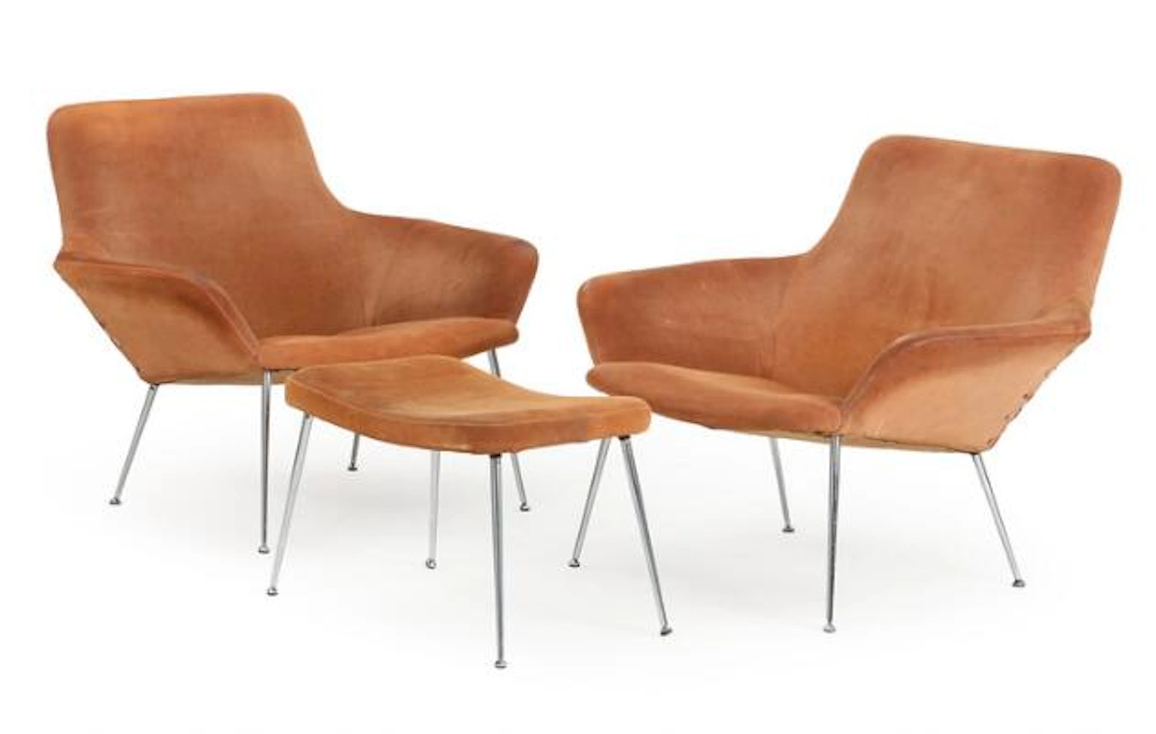Poul Nørreklit: A pair of easy chairs and a stool with chromed steel