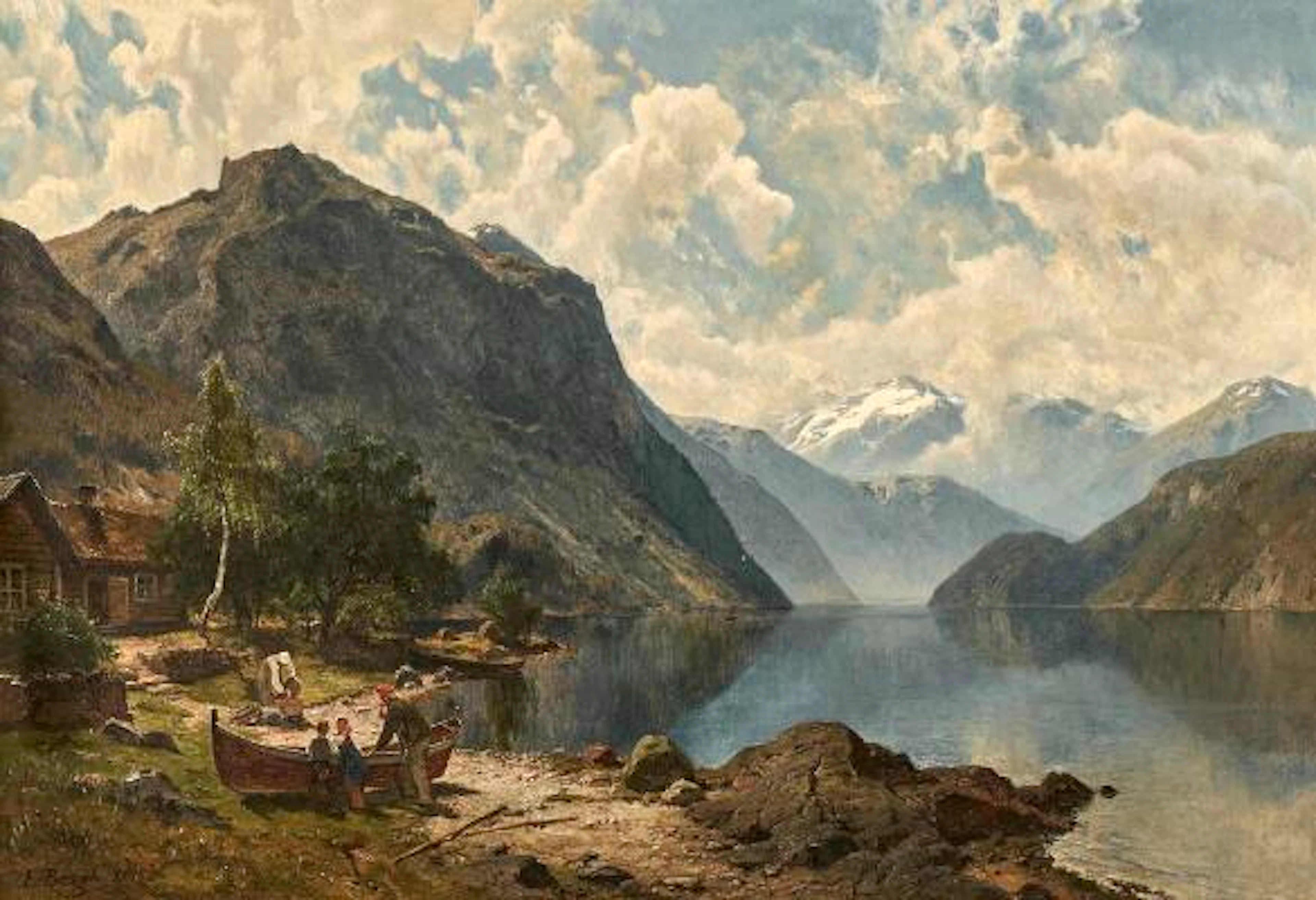 Edvard Bergh: View of a mountain lake with a family by a boat. Signed
