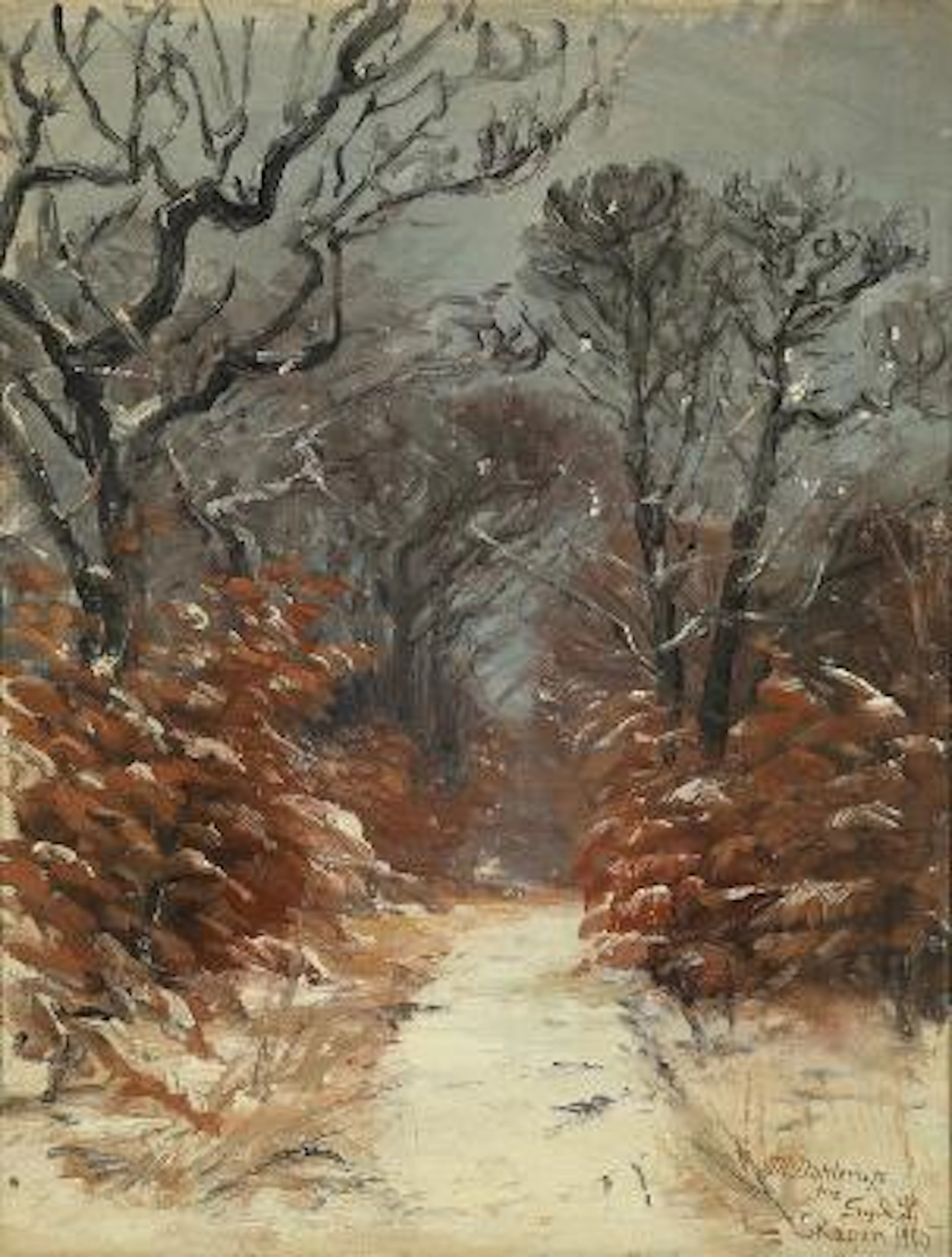 Hans Gyde Petersen: A winter landscape from Skagen with dark trees.